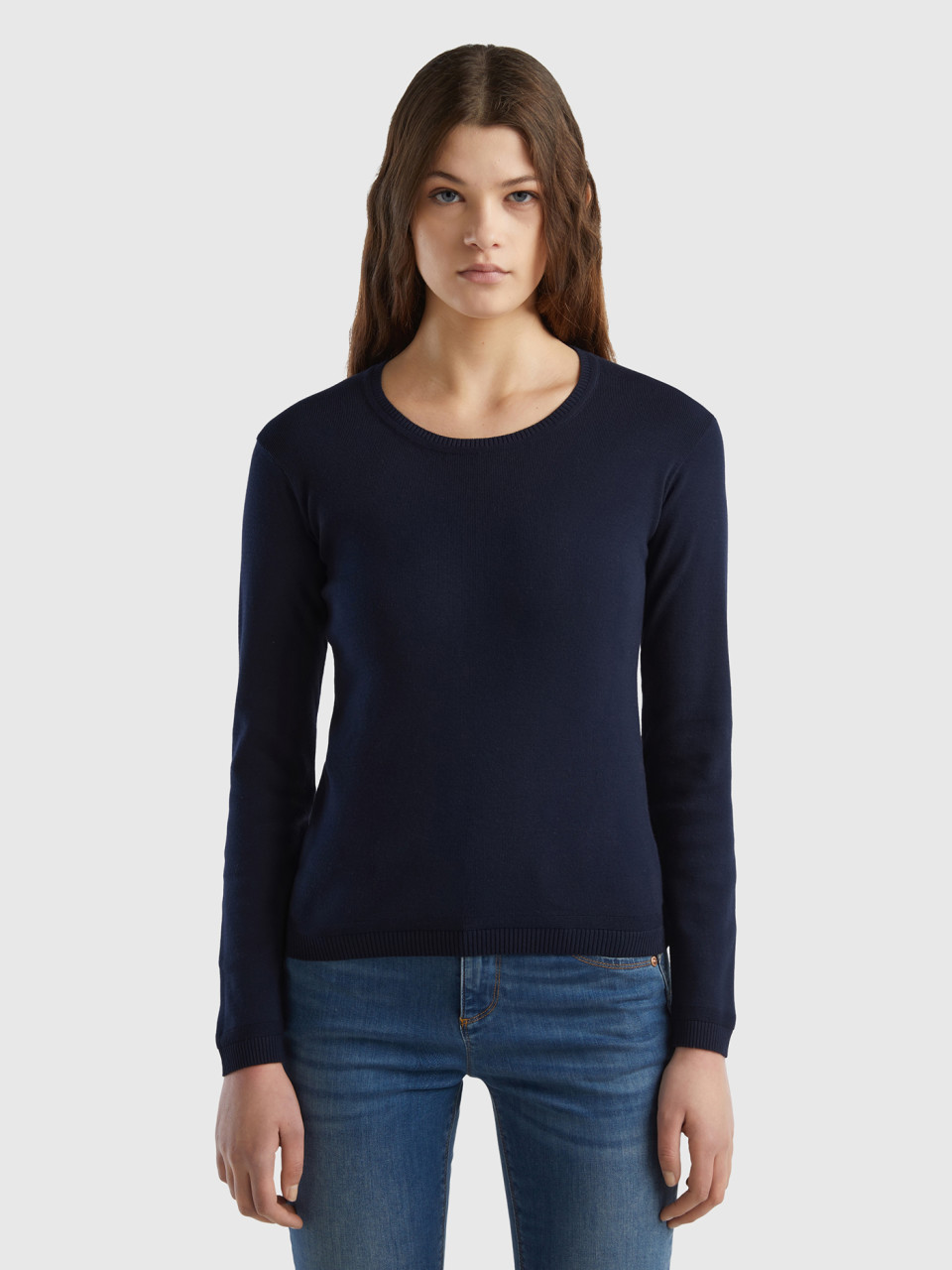 Benetton Online exclusive, Crew Neck Sweater In Pure Cotton, Dark Blue, Women