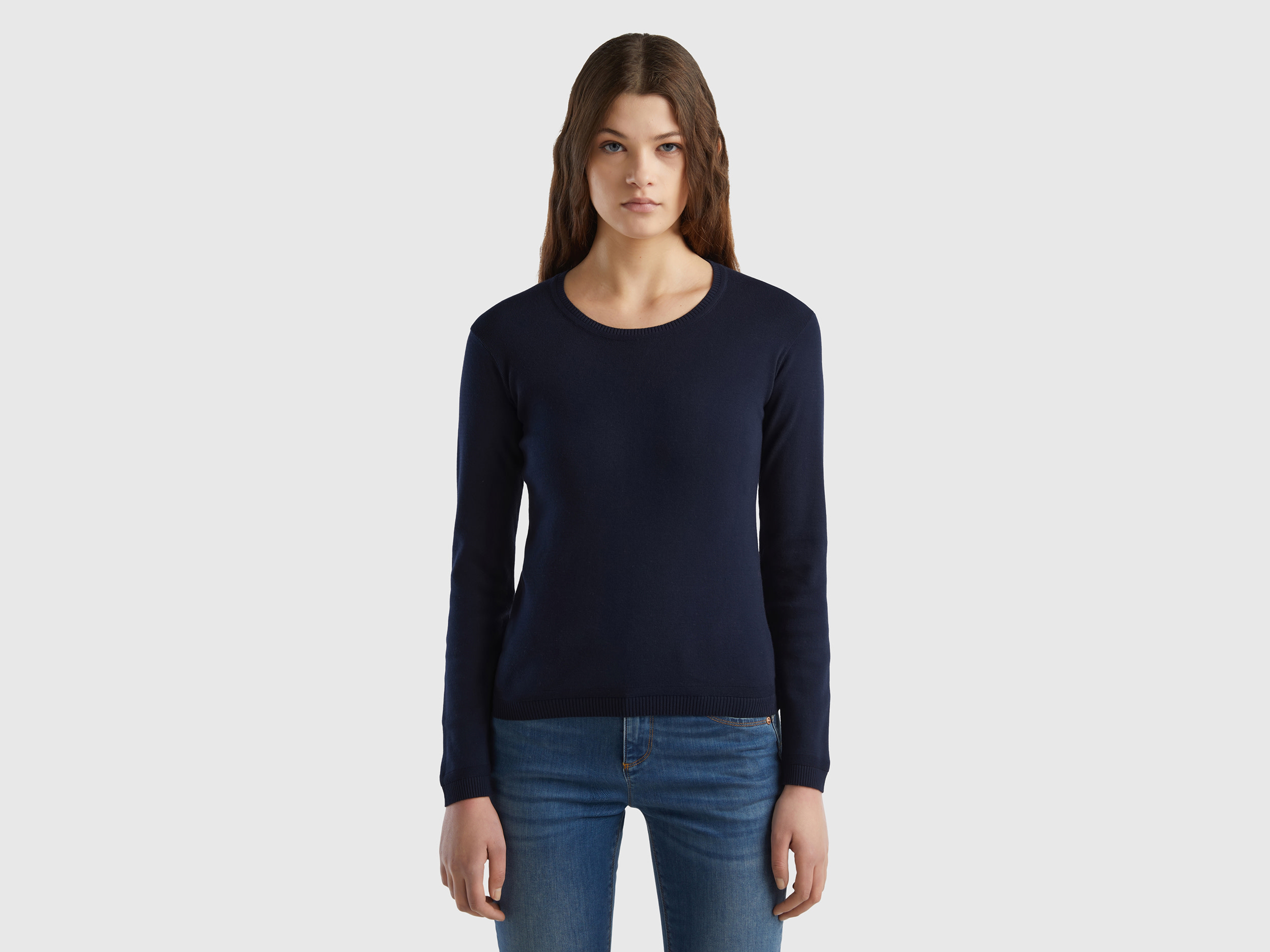 Benetton Online exclusive, Maglia Girocollo In Puro Cotone, Blu Scuro, Donna