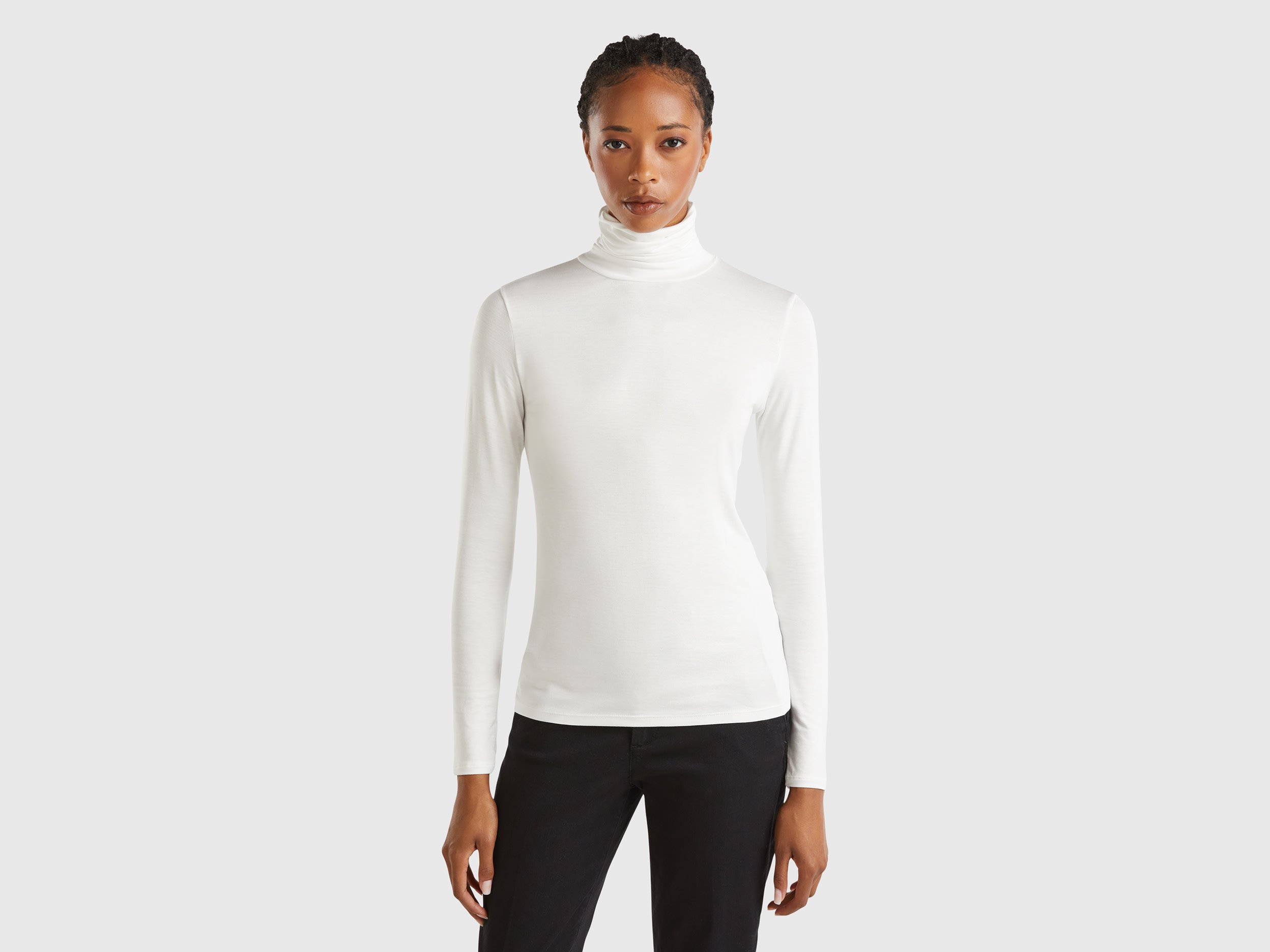 Benetton, T-shirt Lupetto In Viscosa Sostenibile Stretch, Bianco Panna, Donna