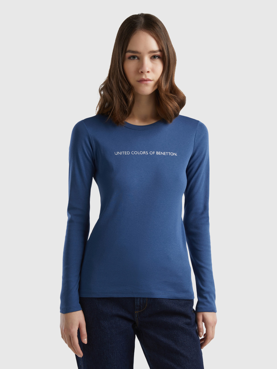Benetton, Camiseta De Manga Larga De 100 % Algodón Azul, Azul Grisáceo, Mujer
