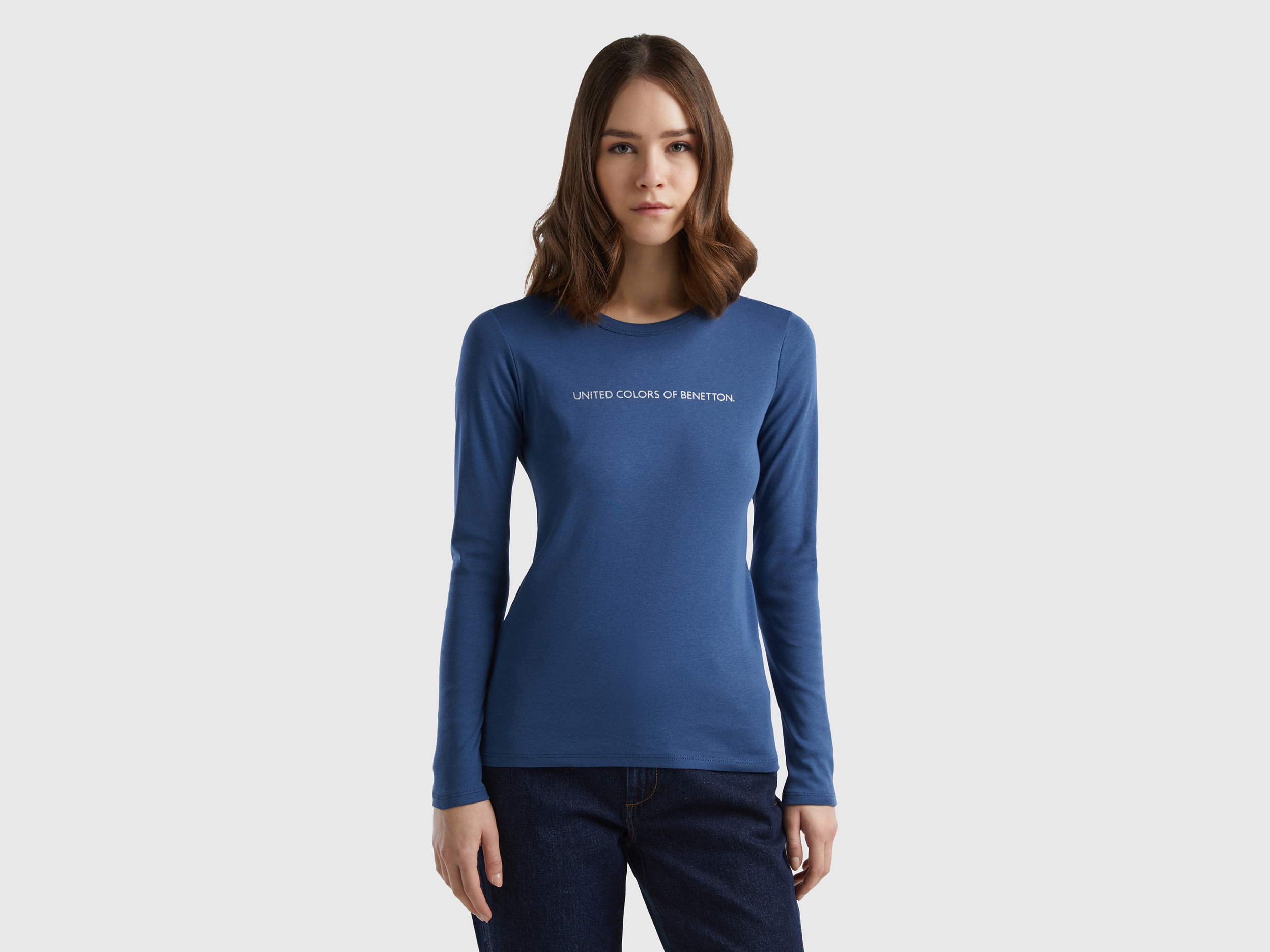 Benetton, T-shirt A Manica Lunga 100% Cotone Blu Avio, Avio, Donna