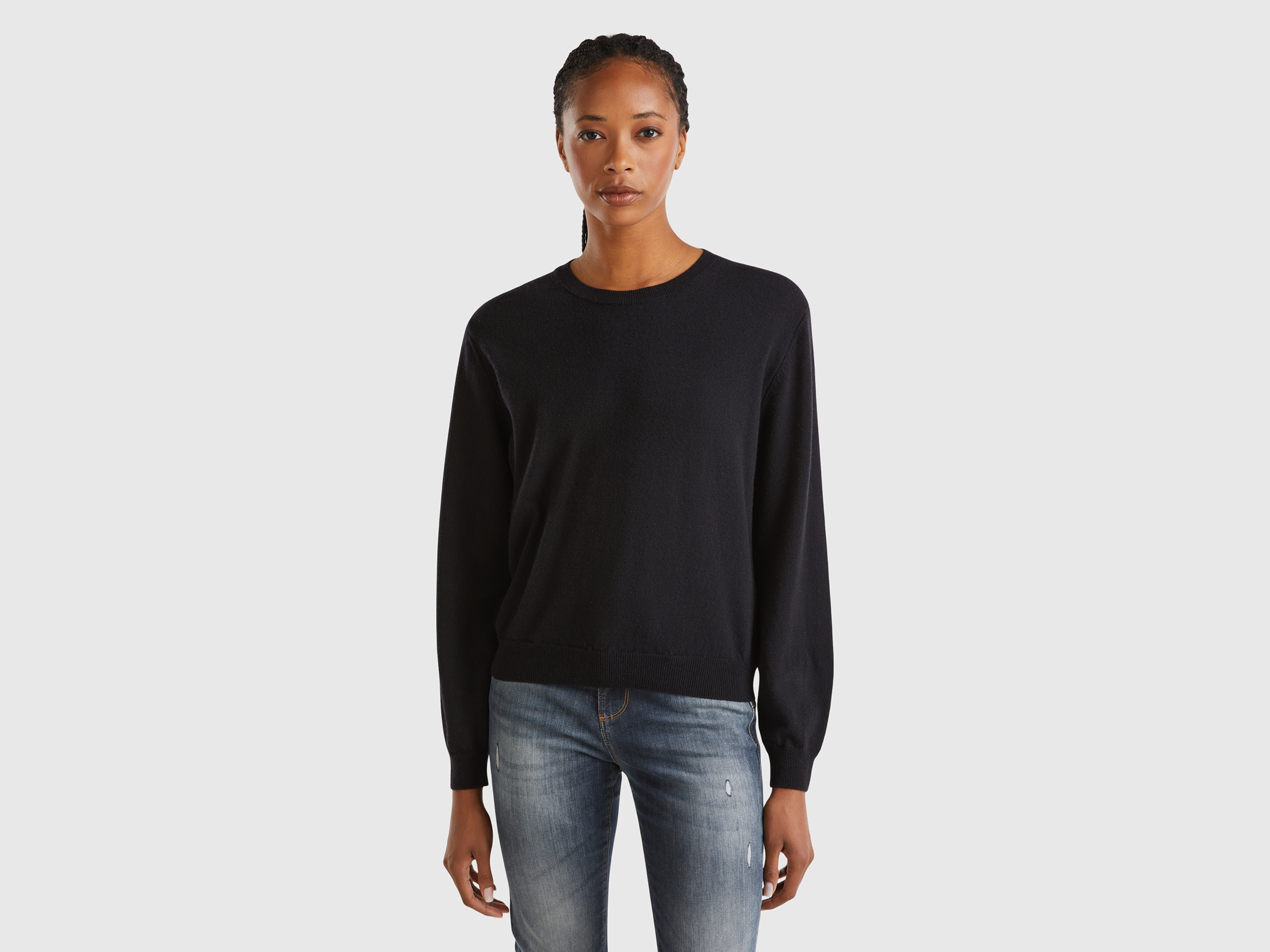 Benetton, Maglia Relaxed Fit In Pura Lana Merino, Nero, Donna