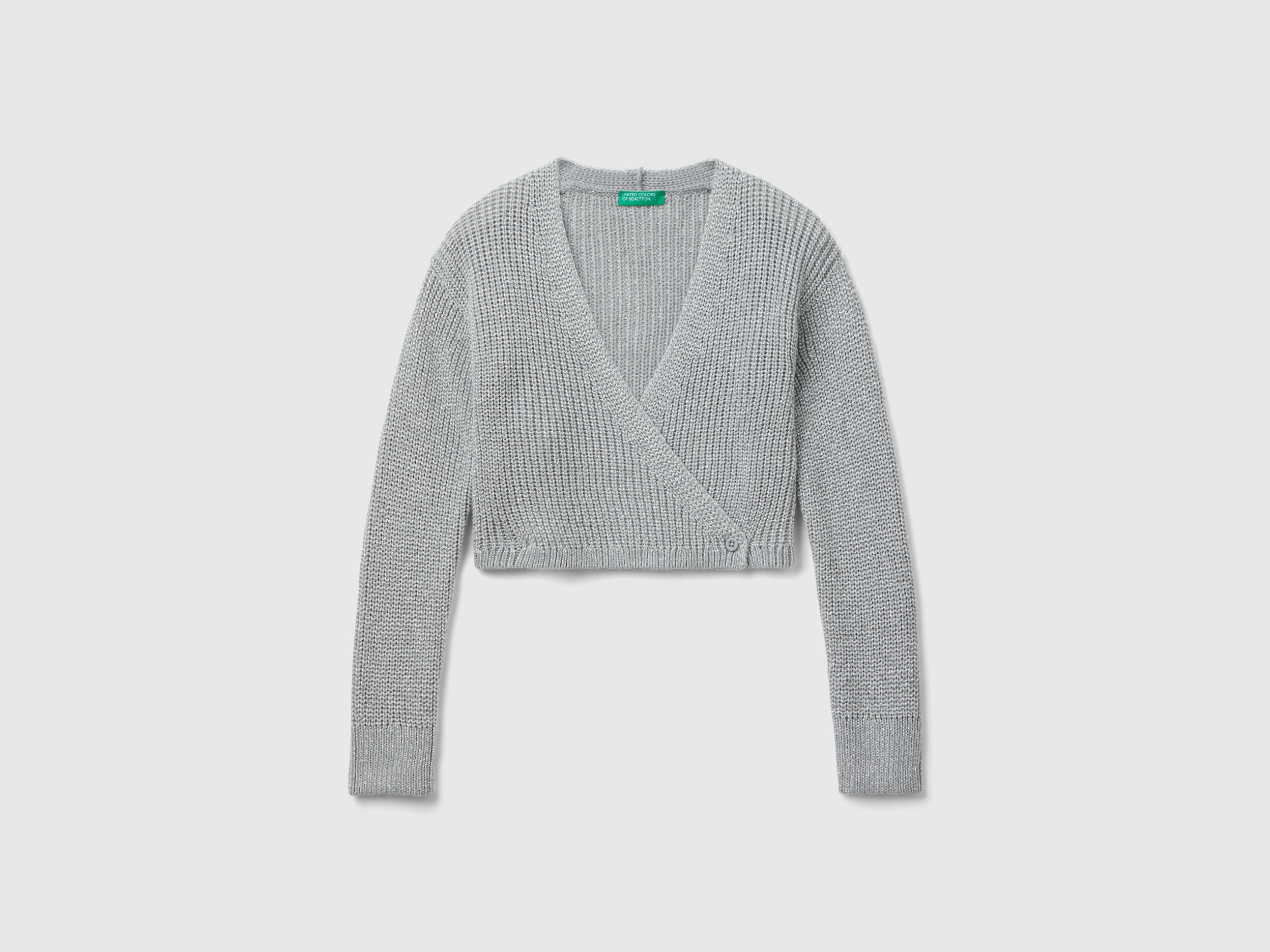 Benetton, Cropped Cardigan With Lurex, size S, Light Gray, Kids