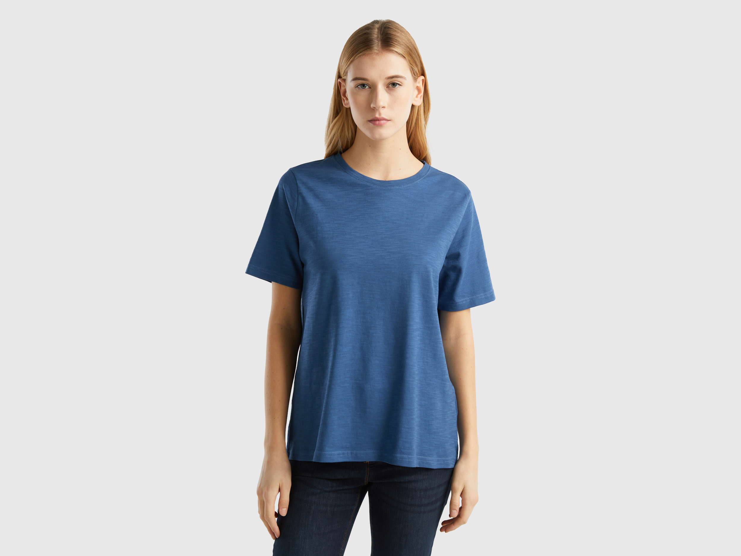 Benetton, Crew Neck T-shirt In Slub Cotton, size XL, Air Force Blue, Women