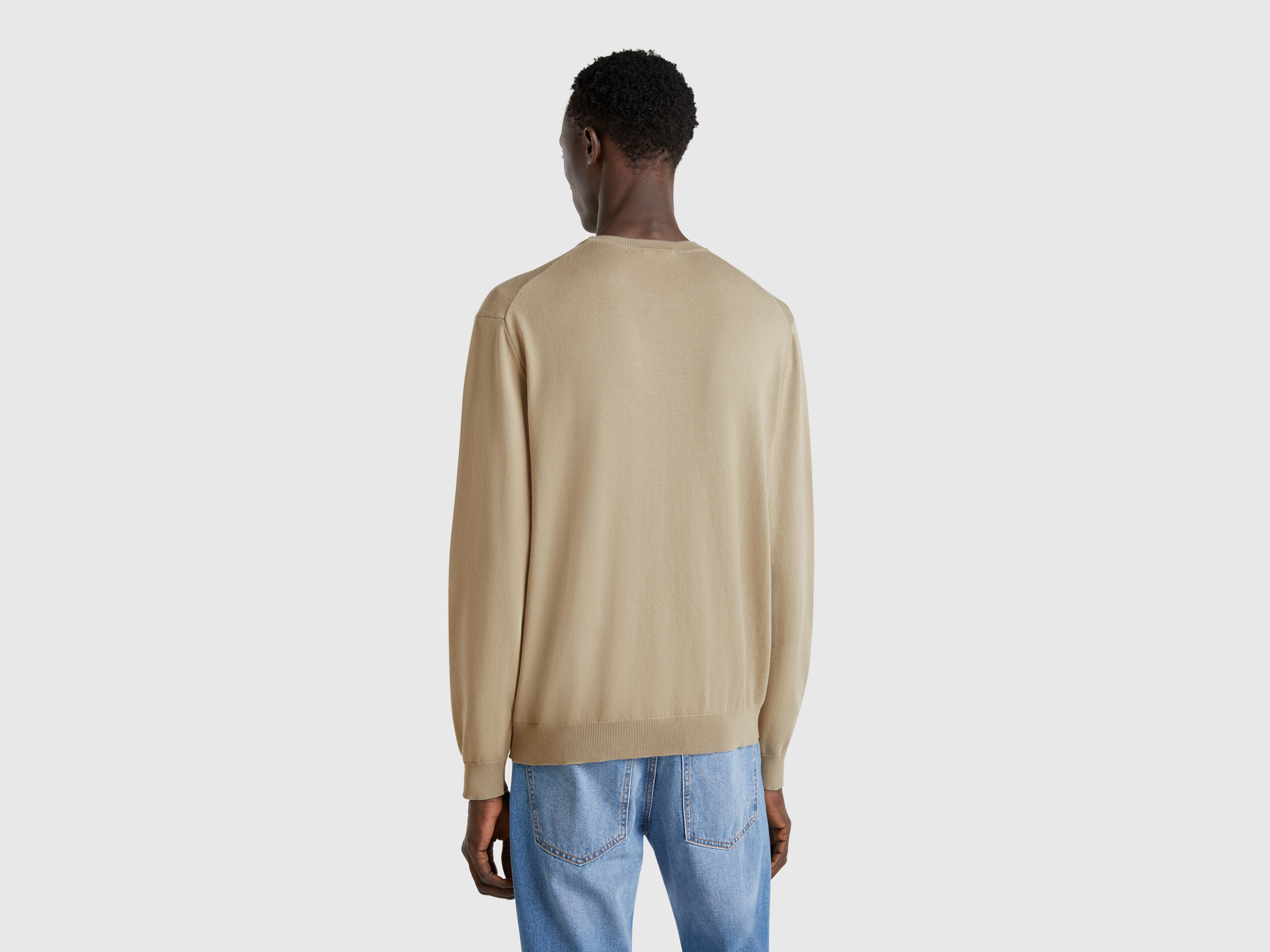 Benetton, Μπλούζα Με Λαιμόκοψη Από 100% Βαμβακερό, size XXL, Χακι, Ανδρικά φωτογραφία