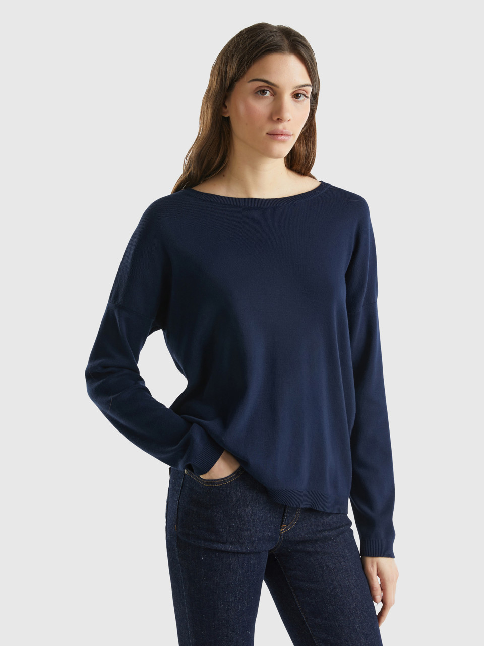 Benetton, Cotton Sweater With Round Neck, Dark Blue, Women