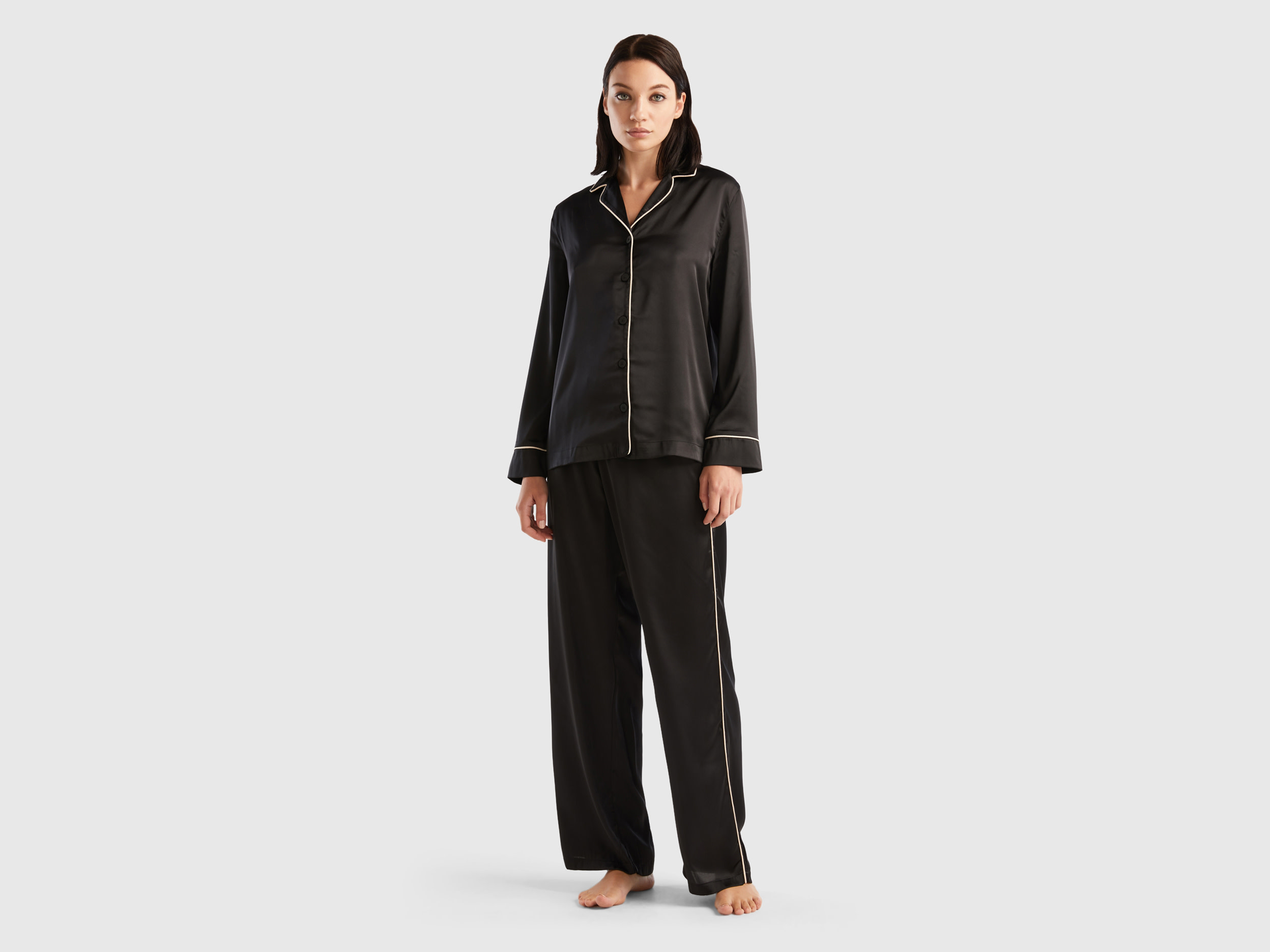 Benetton, Long Satin Pyjamas, size S, Black, Women