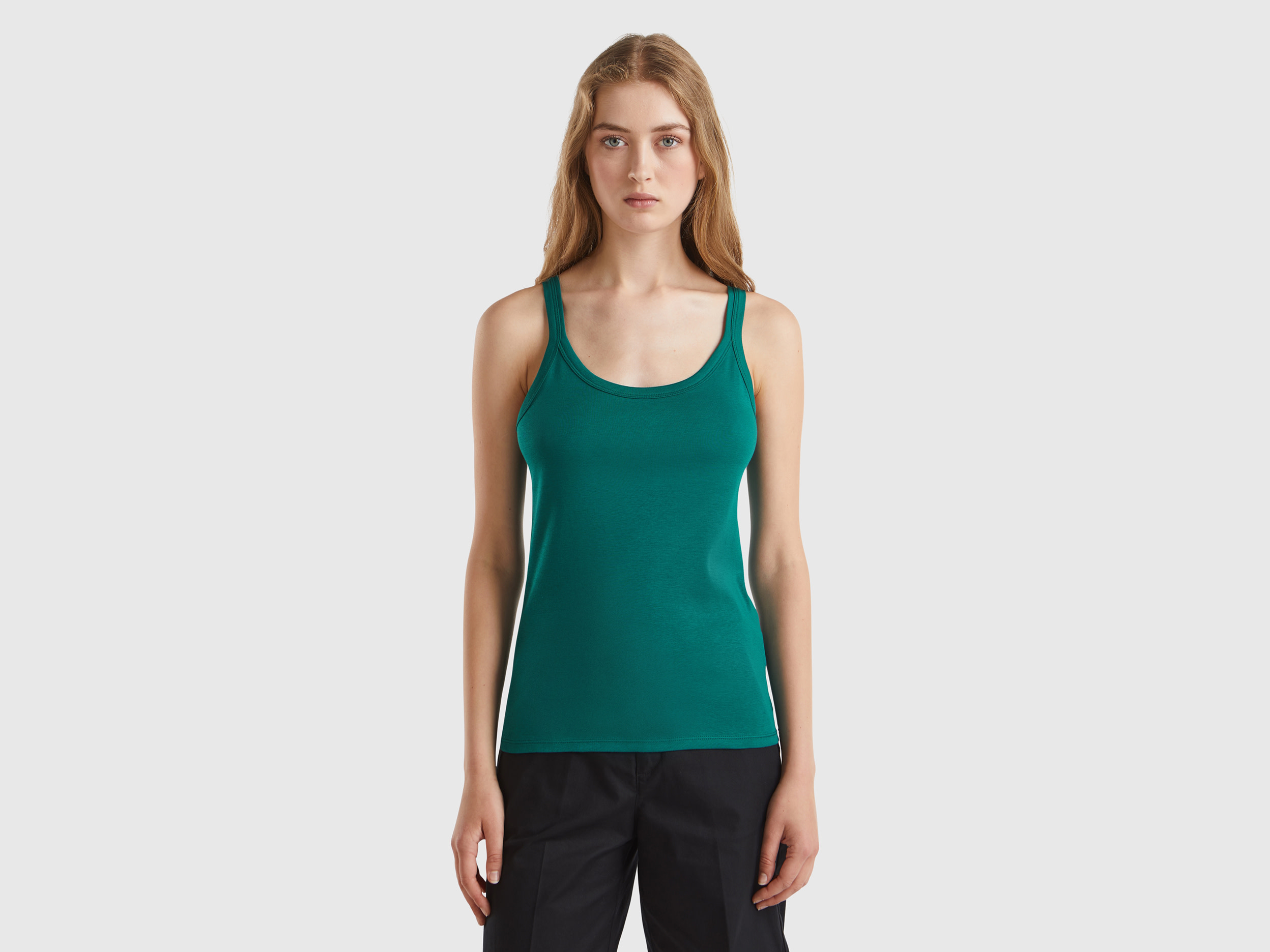 Benetton, Canotta Verde Bosco In Puro Cotone, Verde Scuro, Donna