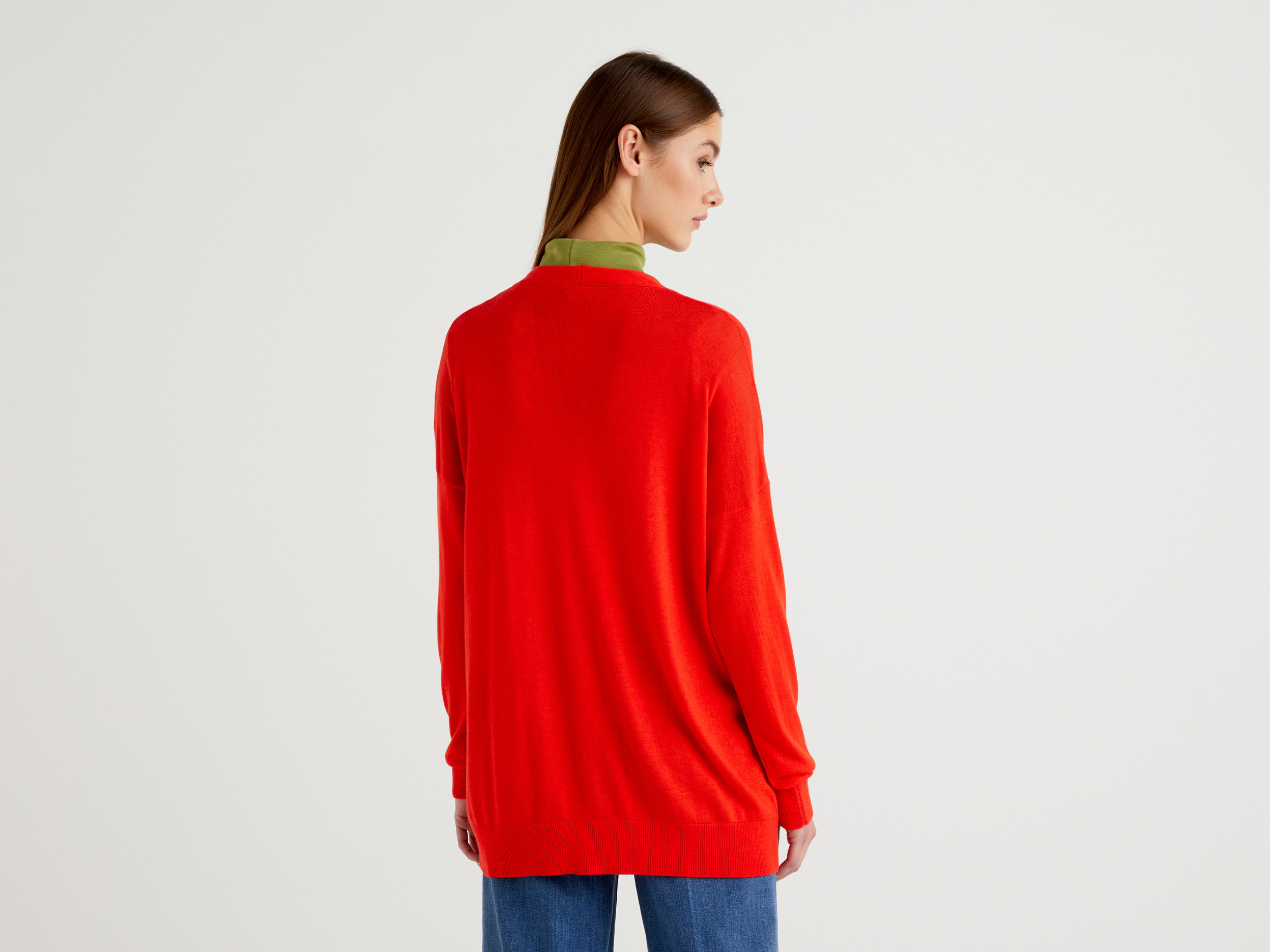 Benetton, Cardigan In Wool And Cashmere Blend, Taglia L, Red, Women