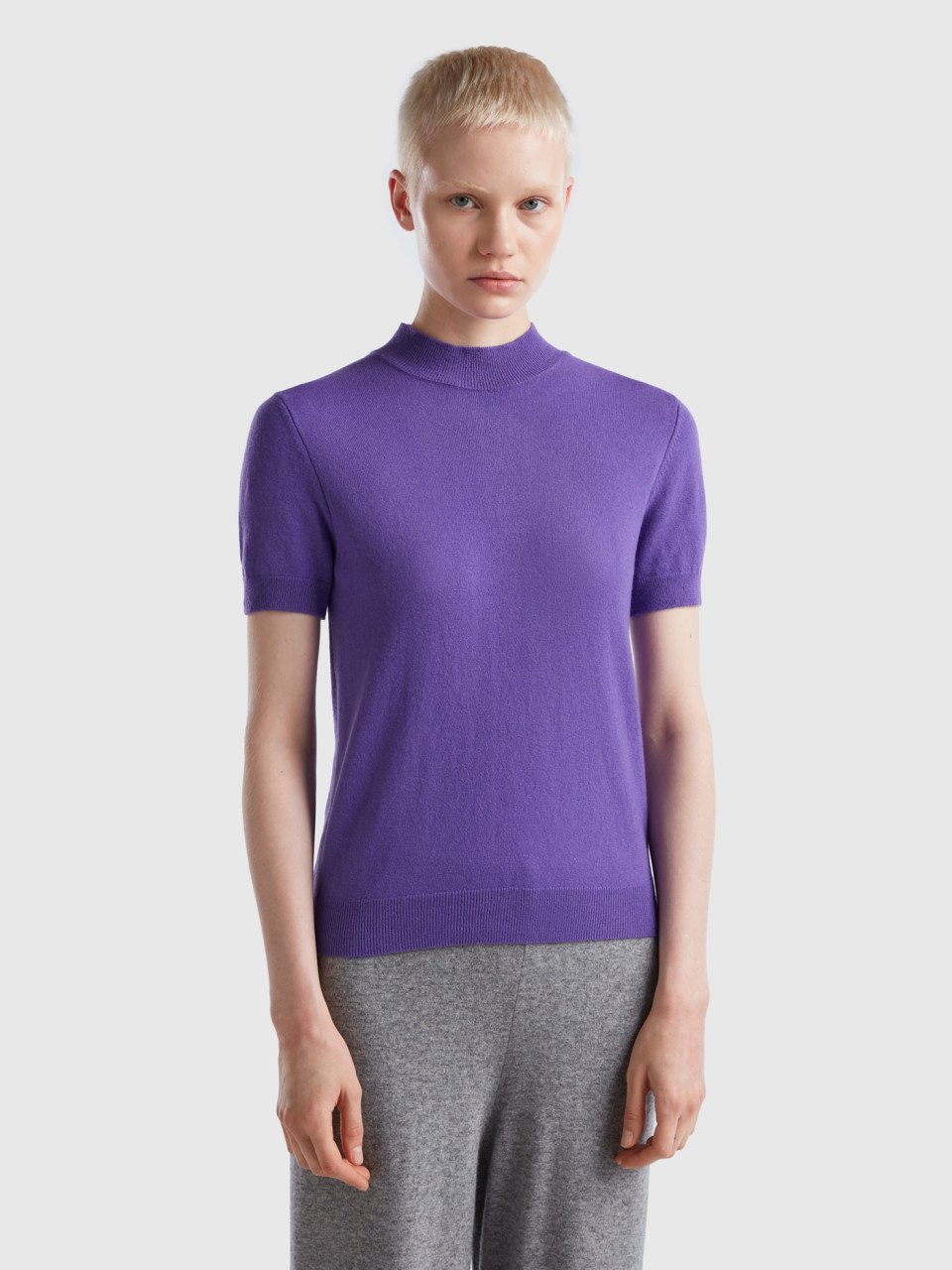 Benetton, Purple Short Sleeve Sweater In Cashmere Blend, Violet, Women