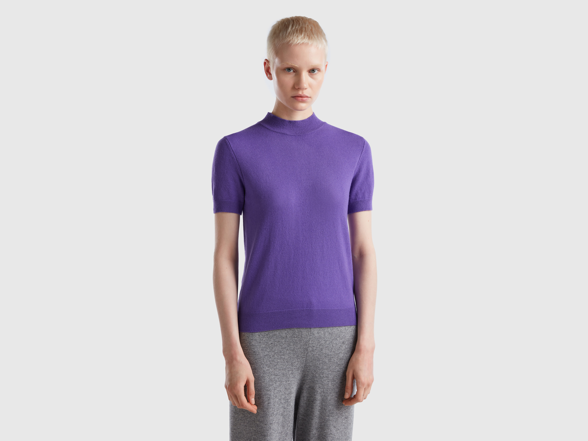 Benetton, Purple Short Sleeve Sweater In Cashmere Blend, size M, Violet, Women