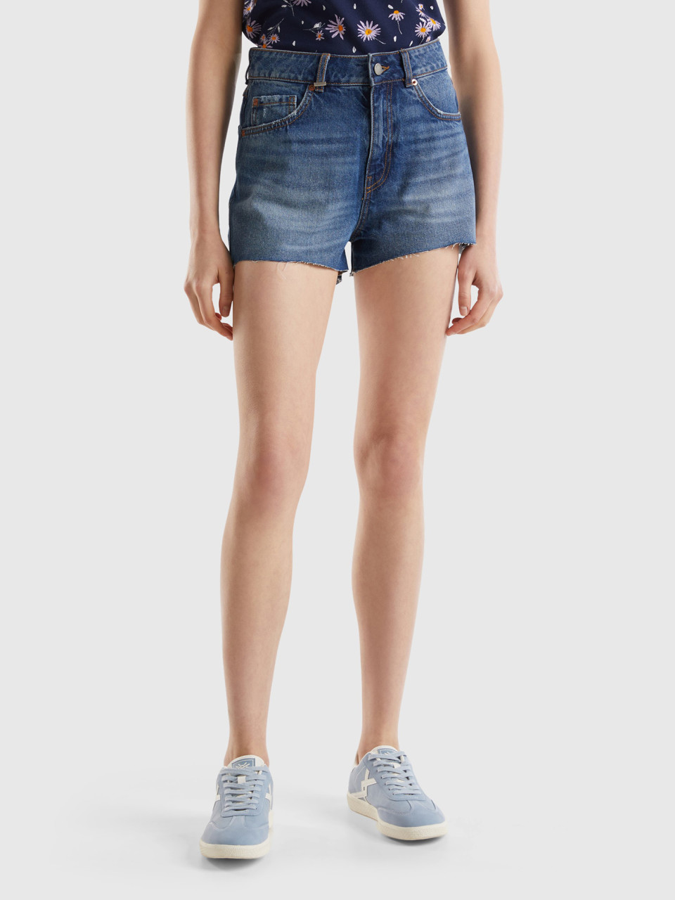 Benetton, Frayed Shorts In Recycled Cotton Blend, Blue, Women