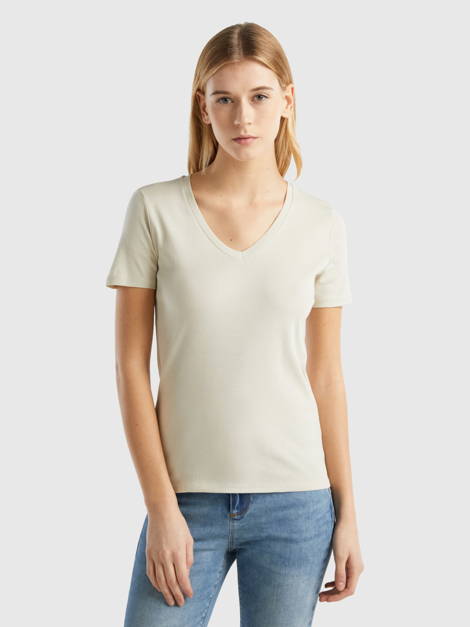 Benetton, Pure Cotton T-shirt With V-neck, Beige, Women