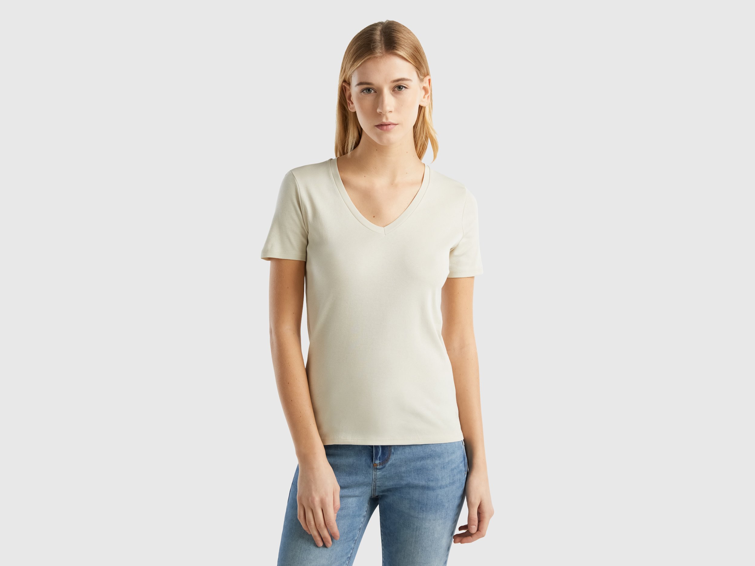 Benetton, Pure Cotton T-shirt With V-neck, size L, Beige, Women