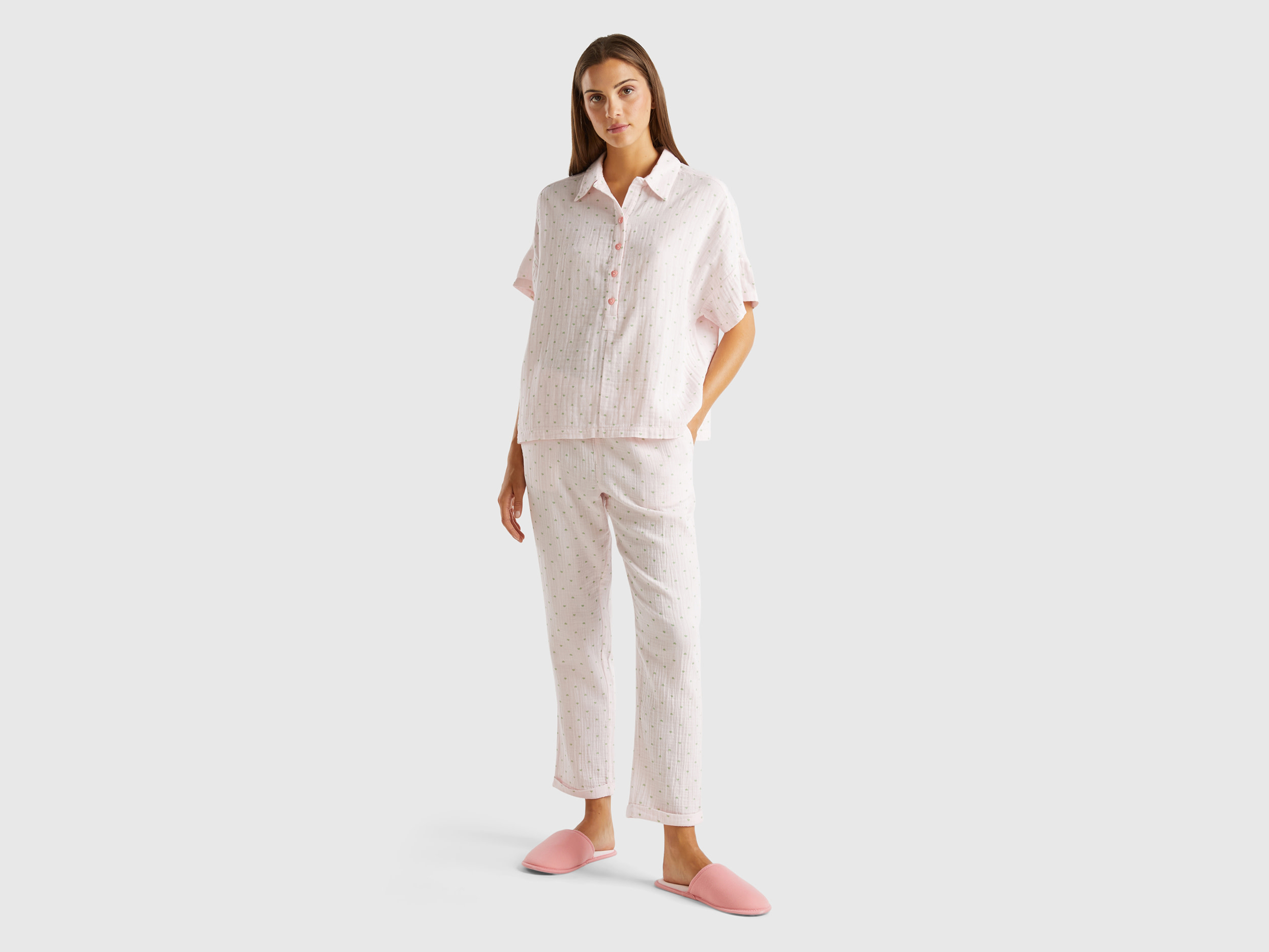 Benetton, Pigiama Con Stampa Cuori, Rosa Tenue, Donna
