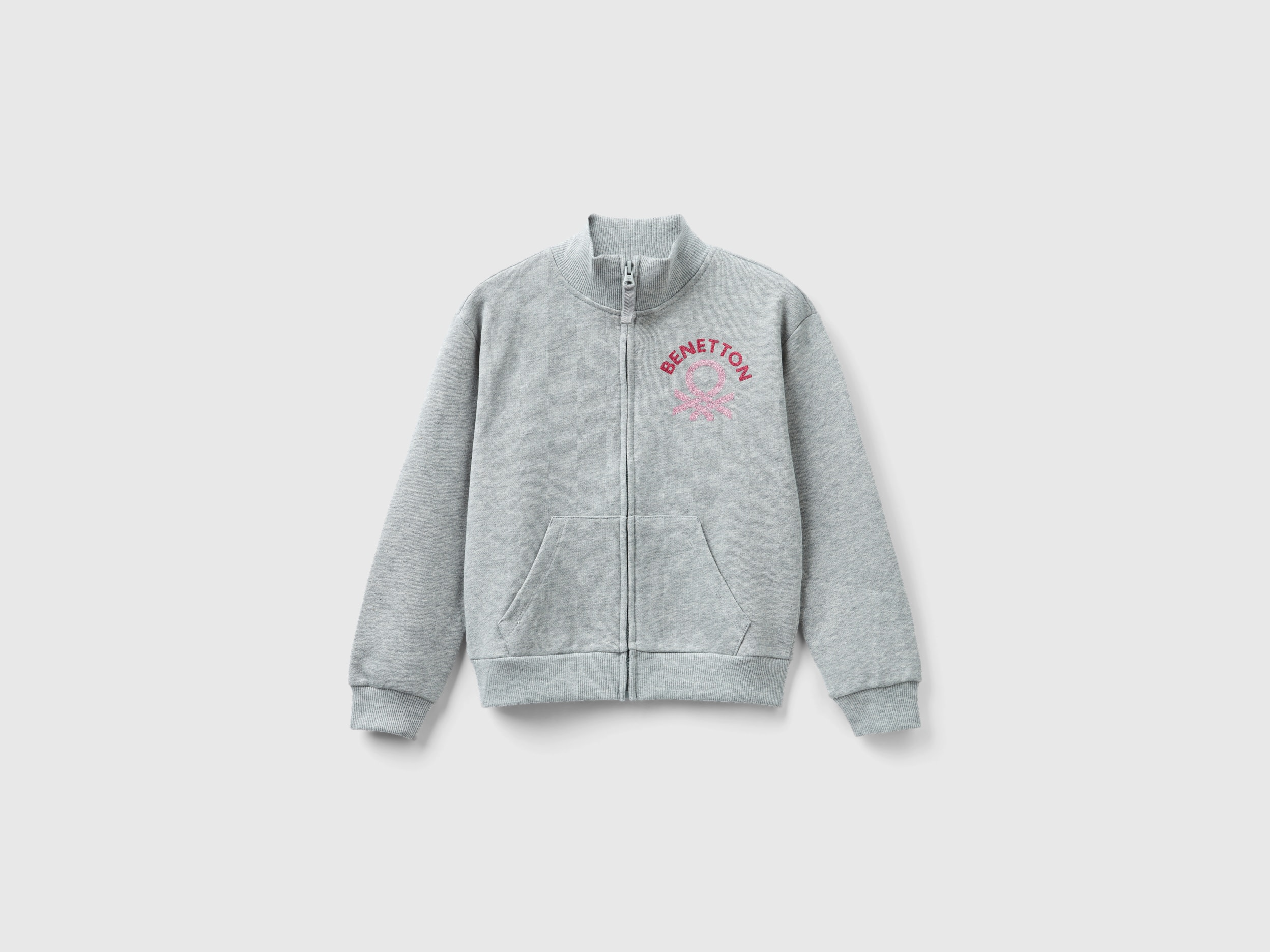 Benetton, Felpa Con Zip E Colletto, Grigio Chiaro, Bambini