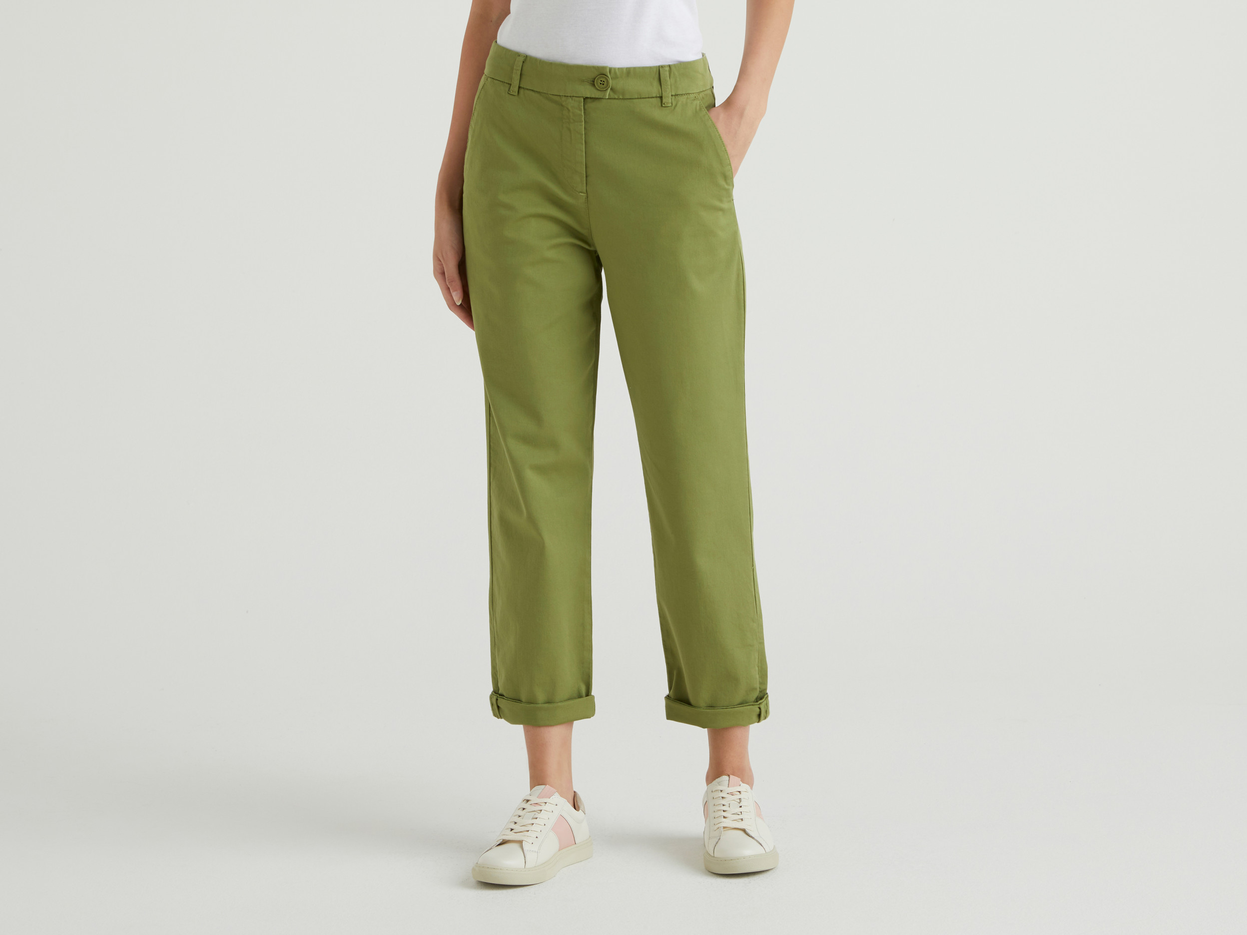Benetton, Pantaloni Chino In Cotone Stretch, Verde Militare, Donna