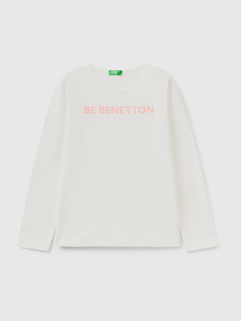 Benetton, T-shirt 100 % Coton À Manches Longues, Crème, Enfants