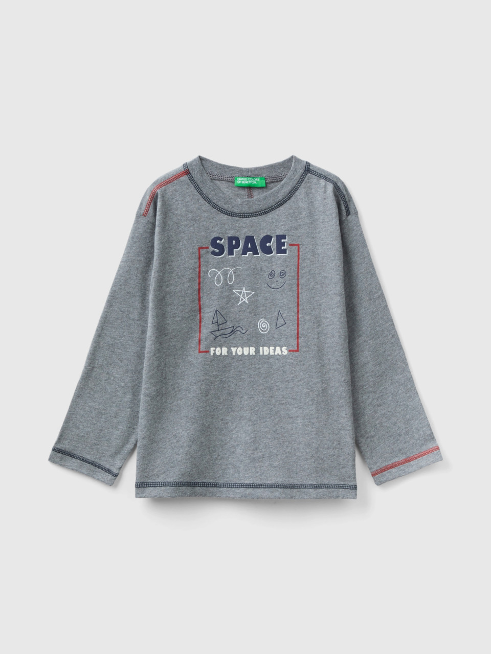 Benetton, Crew Neck T-shirt With Print, Dark Gray, Kids
