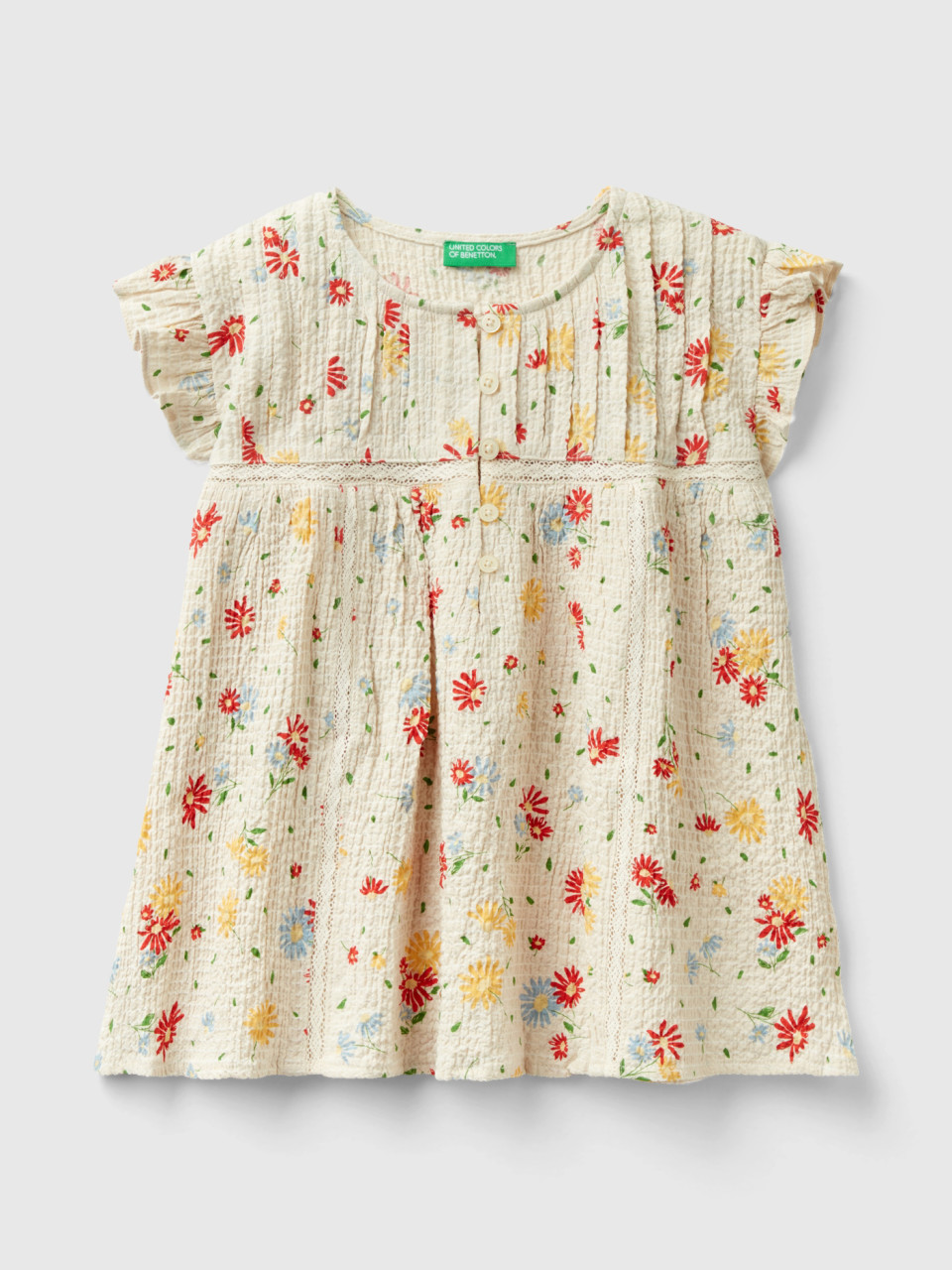 Benetton, Floral Blouse With Rouches, Creamy White, Kids