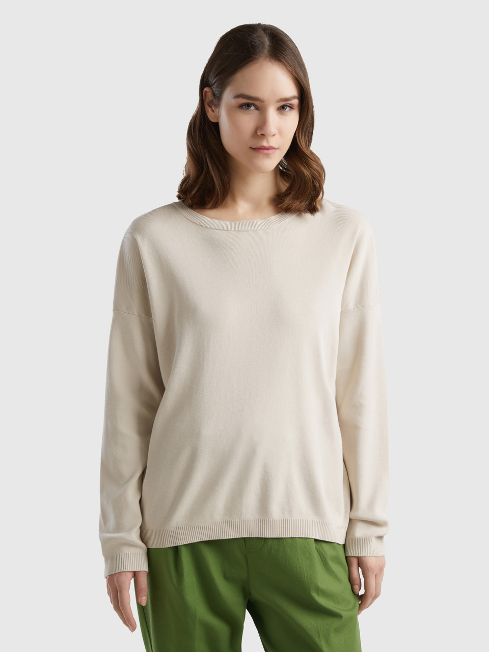 Benetton, Cotton Sweater With Round Neck, Beige, Women