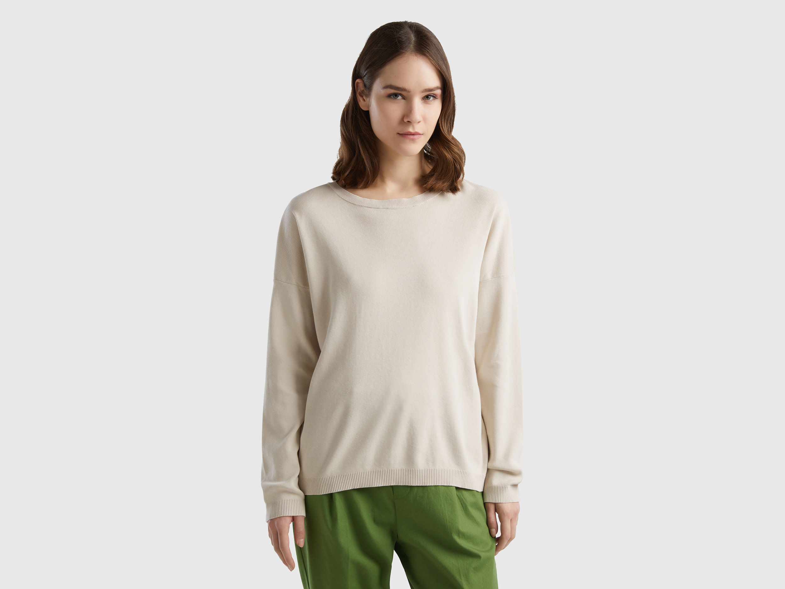 Benetton, Maglia In Cotone Con Scollo Rotondo, Beige, Donna