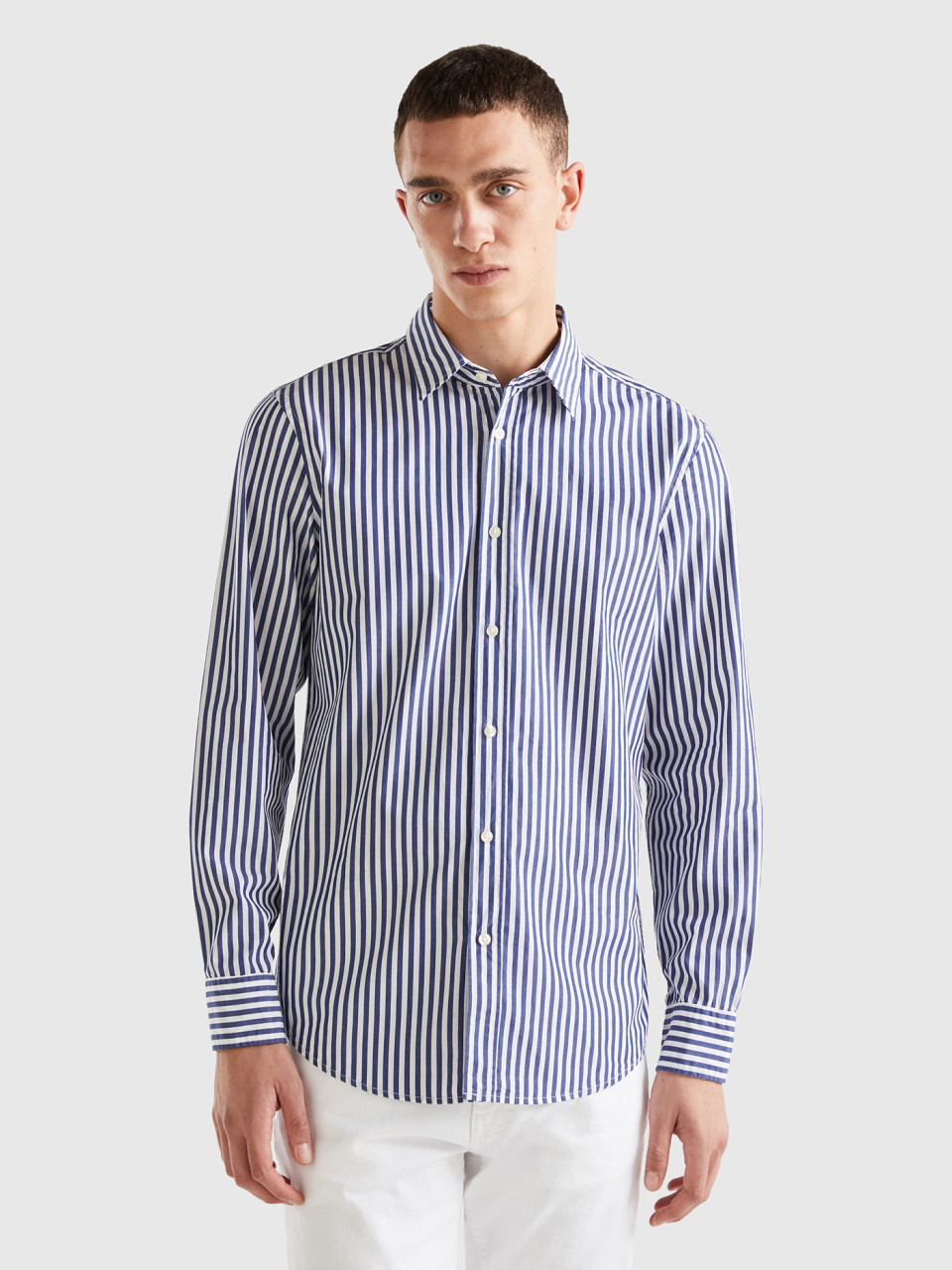 Benetton, 100% Organic Cotton Patterned Shirt, Blue, Men
