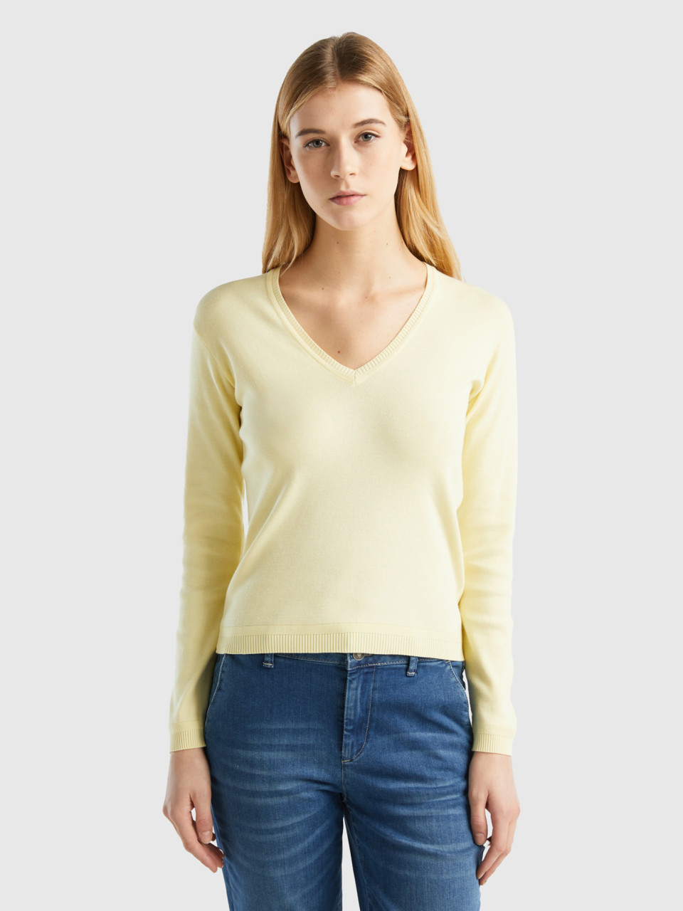 Benetton, V-neck Sweater In Pure Cotton, Yellow, Women