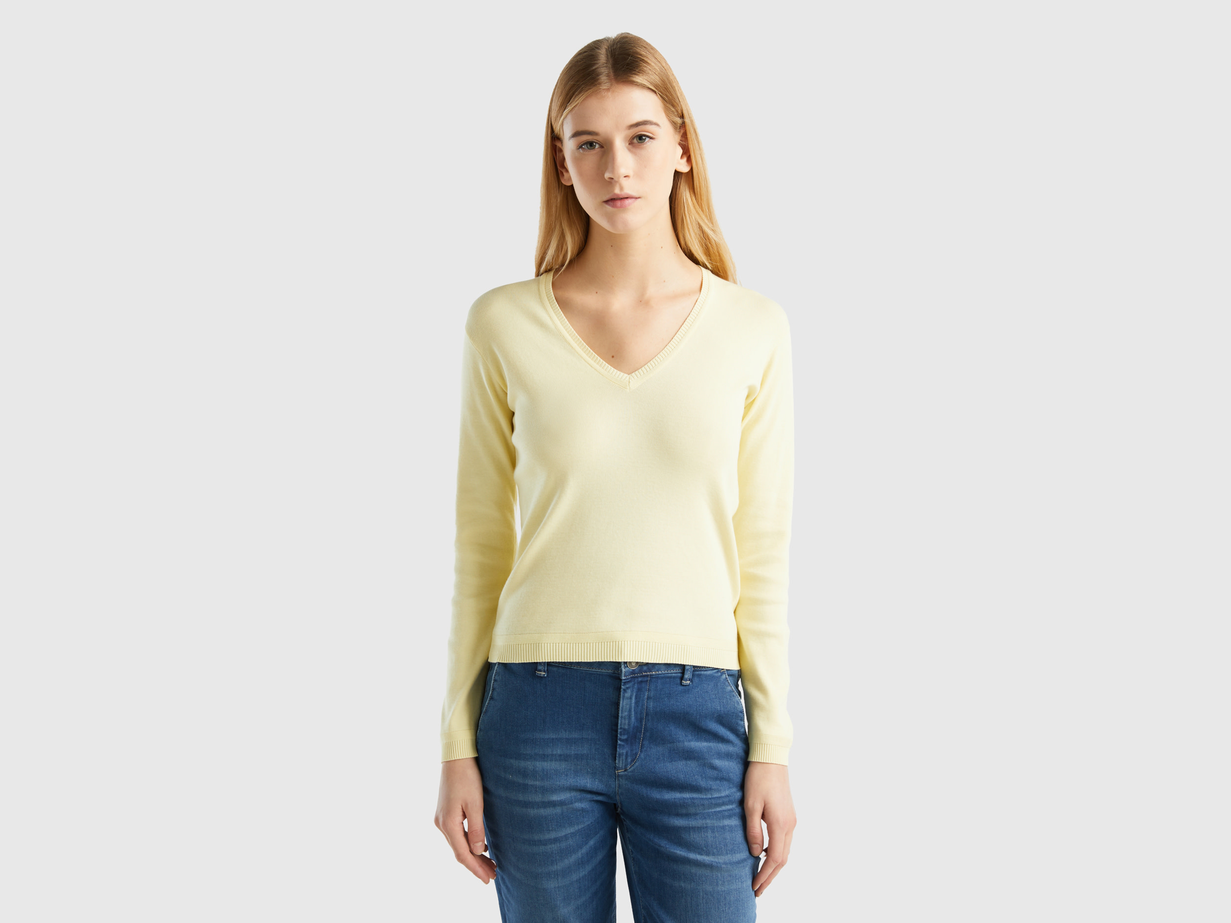 Benetton, Maglia In Puro Cotone Con Scollo A V, Giallo, Donna