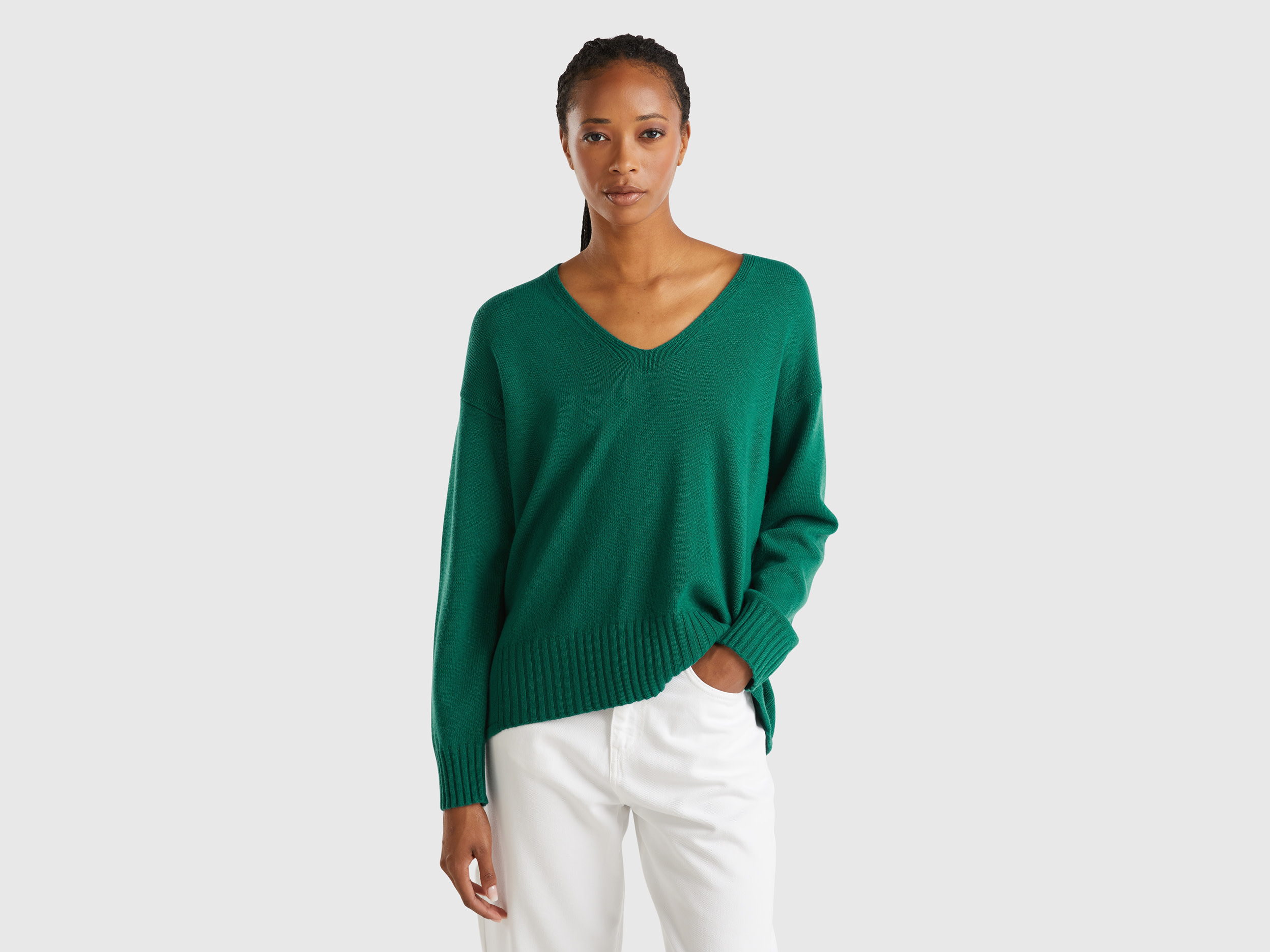 Benetton, Maglia Scollo A V In Misto Lana, Verde Scuro, Donna