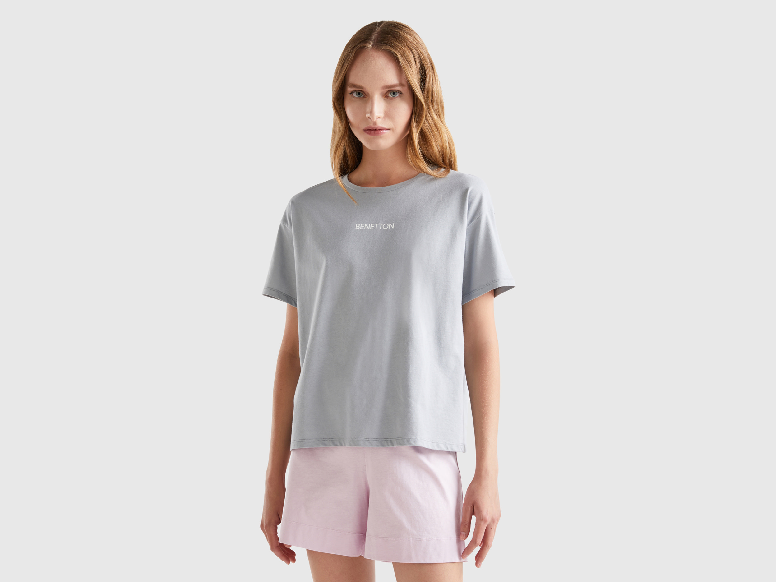 Benetton, 100% Cotton T-shirt, size M, Light Gray, Women