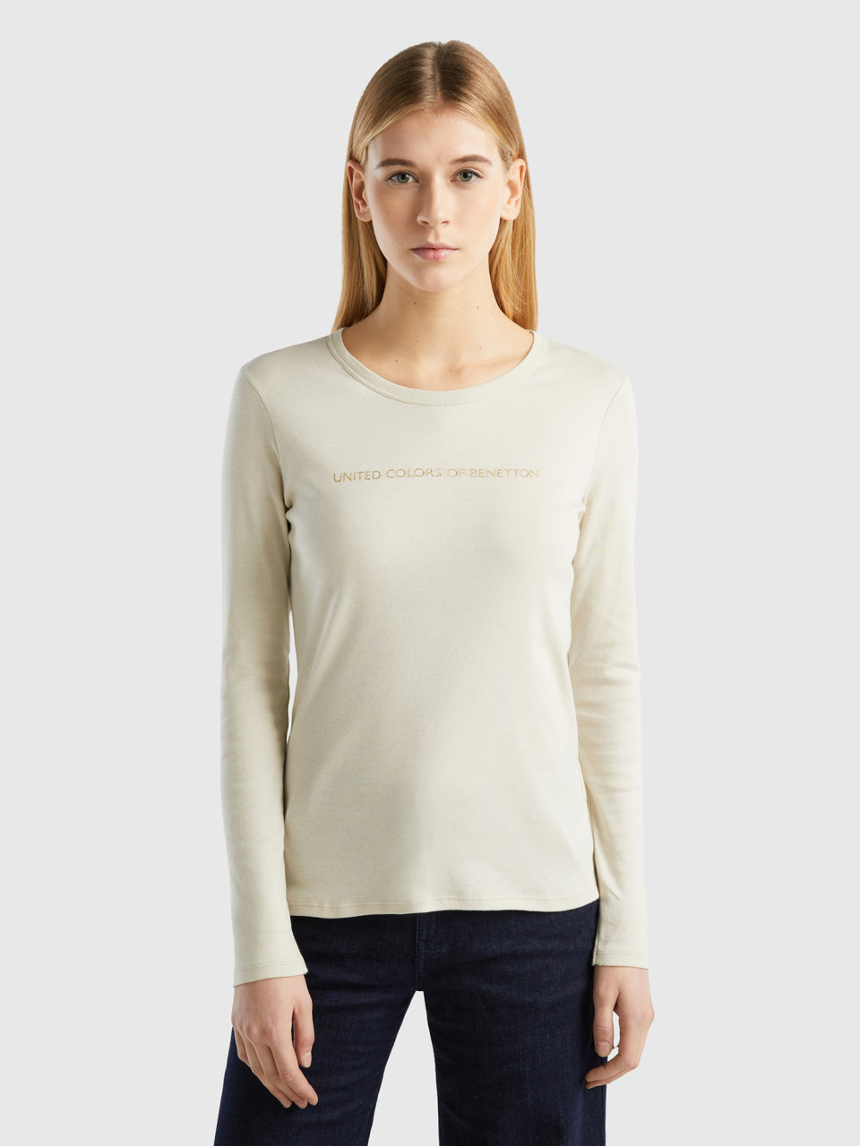 Benetton, Beige Long Sleeve T-shirt In 100% Cotton, Beige, Women