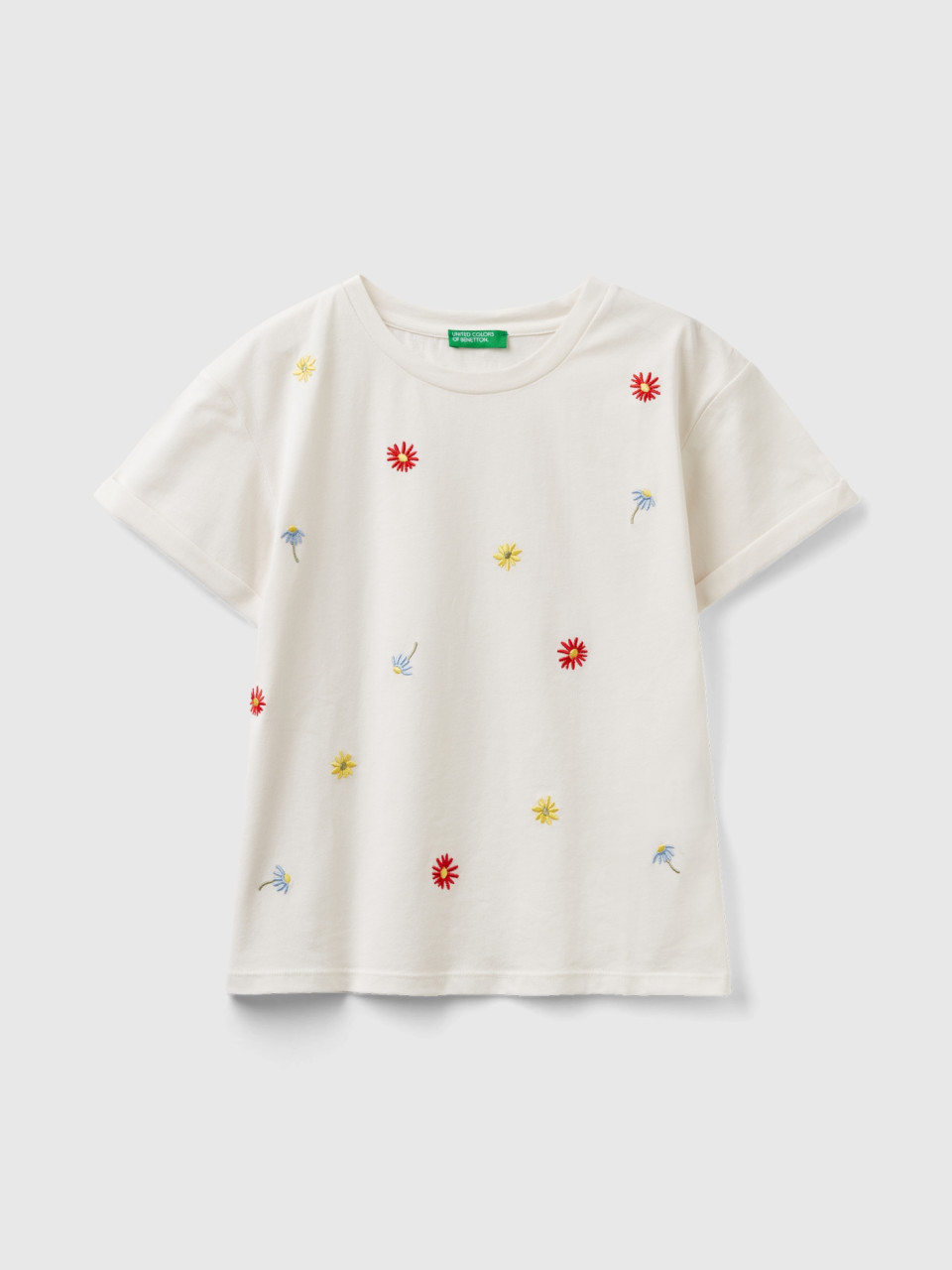 Benetton, T-shirt With Embroidered Flowers, Creamy White, Kids