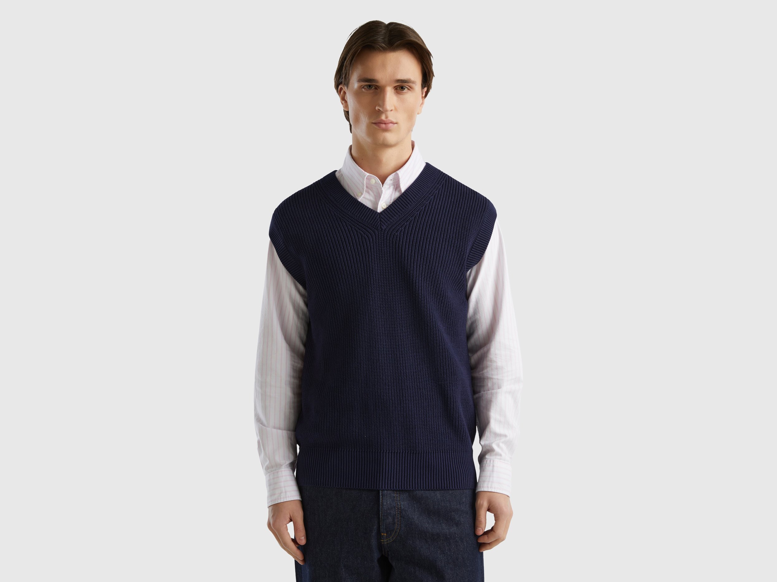 Benetton, Vest In Pure Cotton, size XXL, Dark Blue, Men