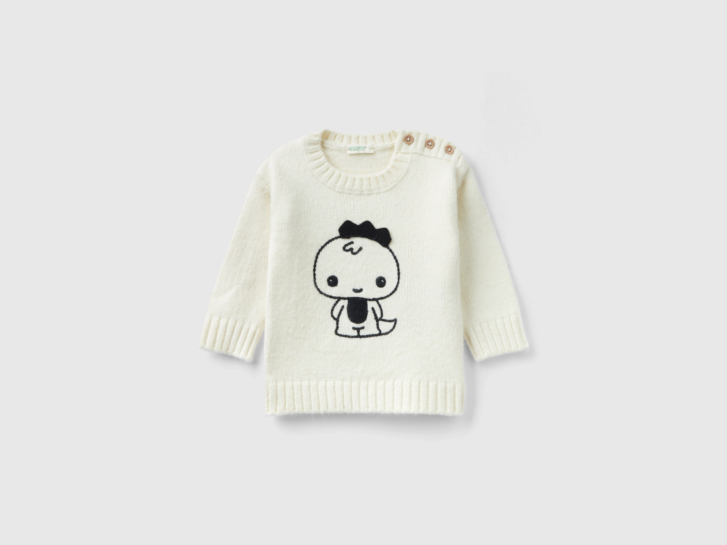 Benetton, Sweater With Embroidery And Applique, size 9-12, Creamy White, Kids