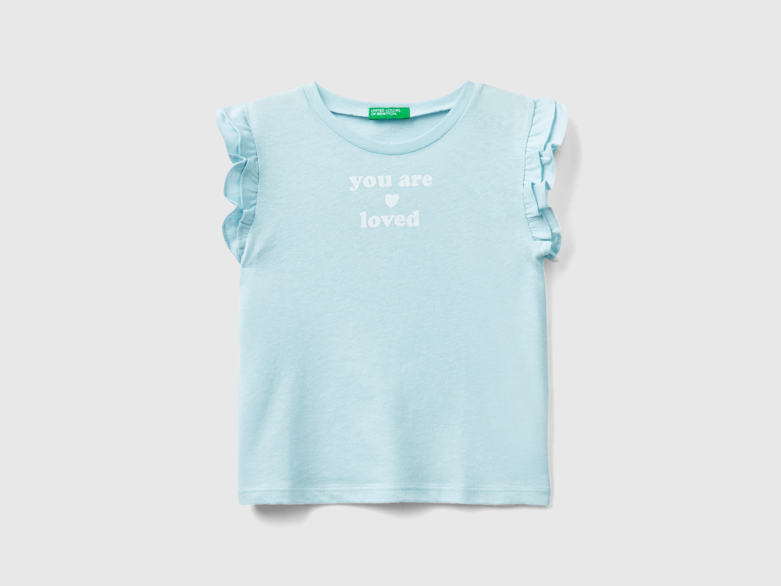 Benetton, T-shirt Con Rouches E Stampa, Verde Acqua, Bambini