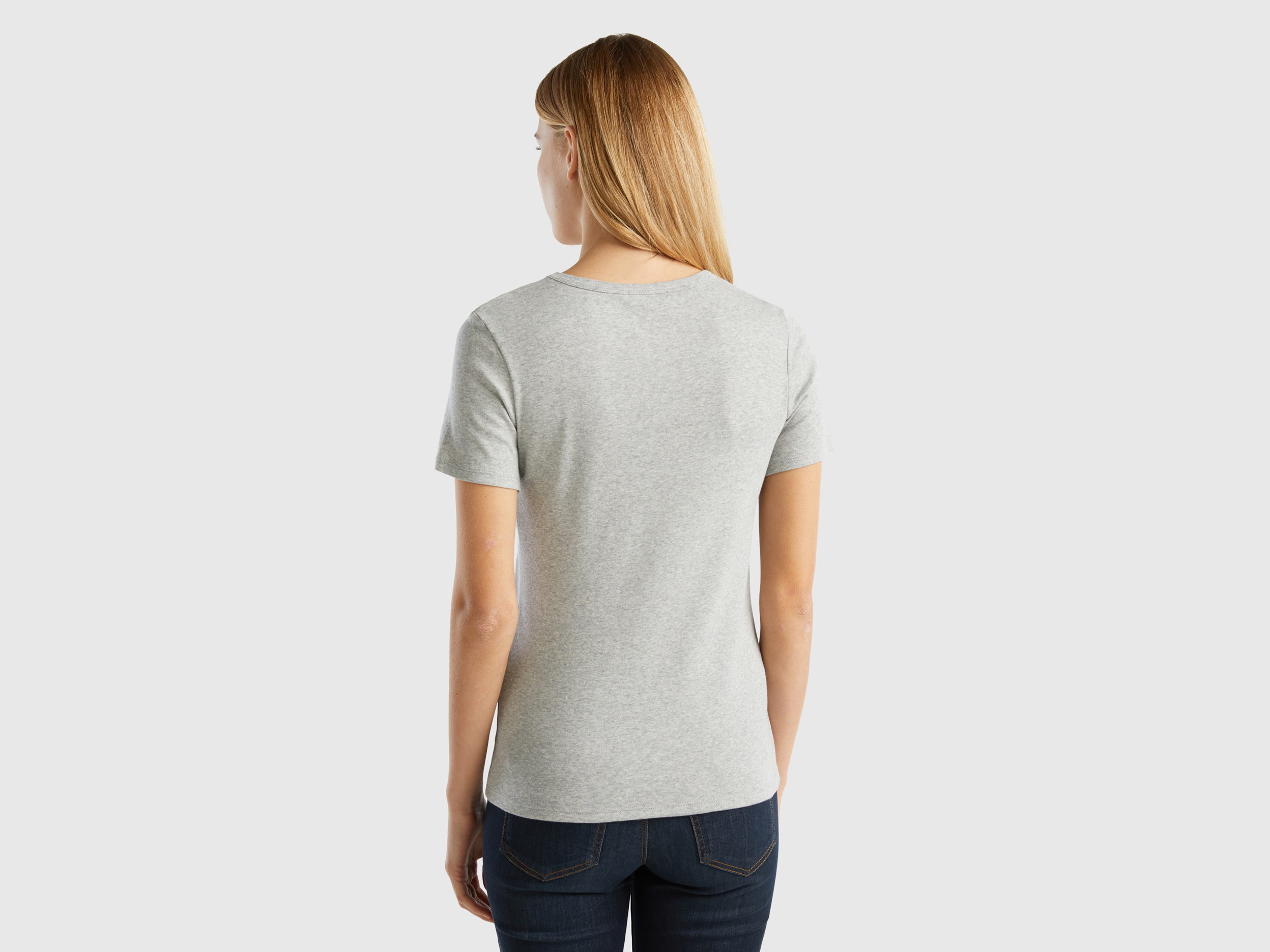 Benetton, Μπλουζάκι Από Βαμβακερό Μακριά Ίνα, size XS, Ανοιχτο Γκρι, Γυναικεία φωτογραφία