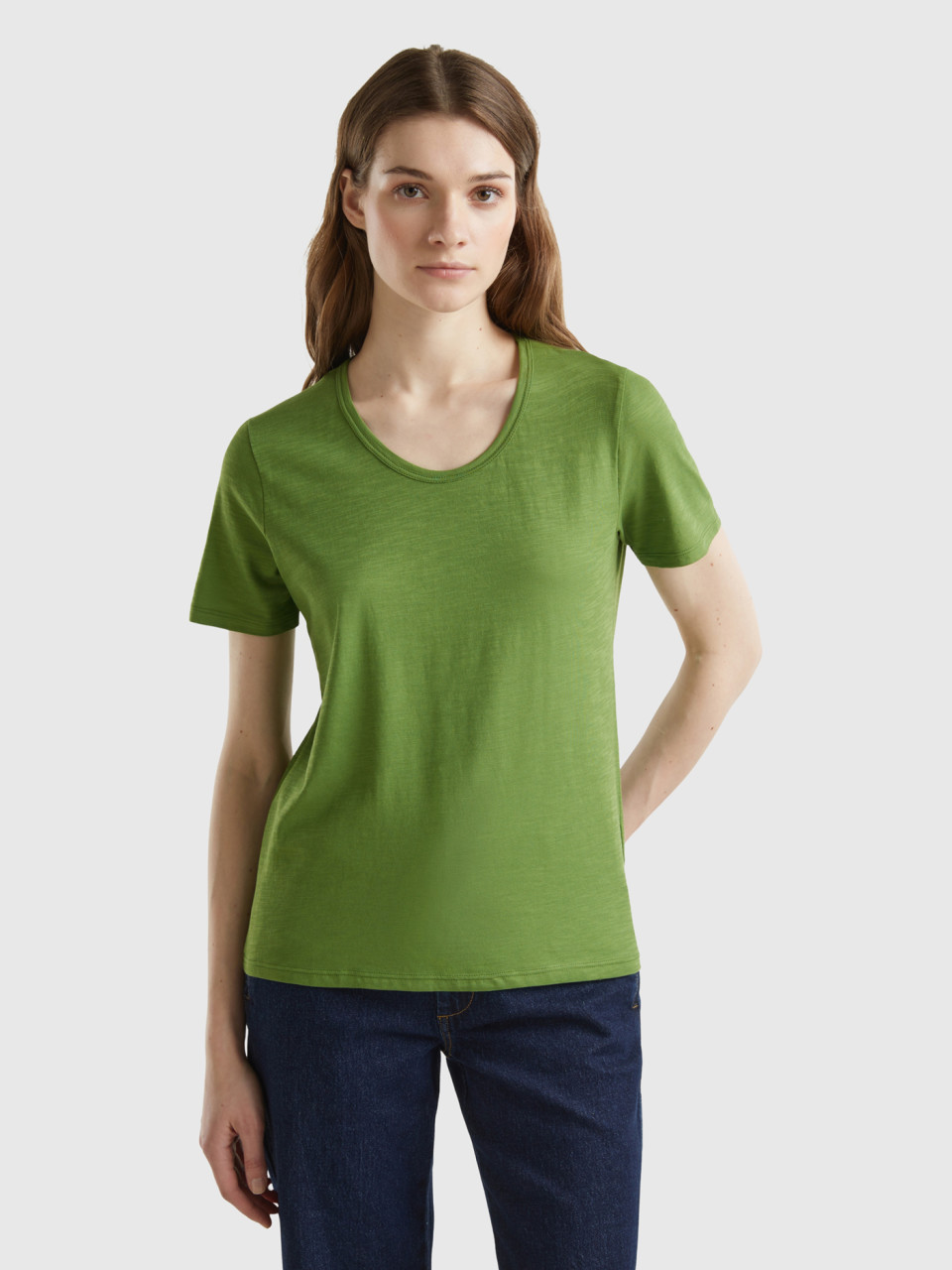 Benetton, T-shirt Manica Corta In Cotone Leggero, Verde Militare, Donna