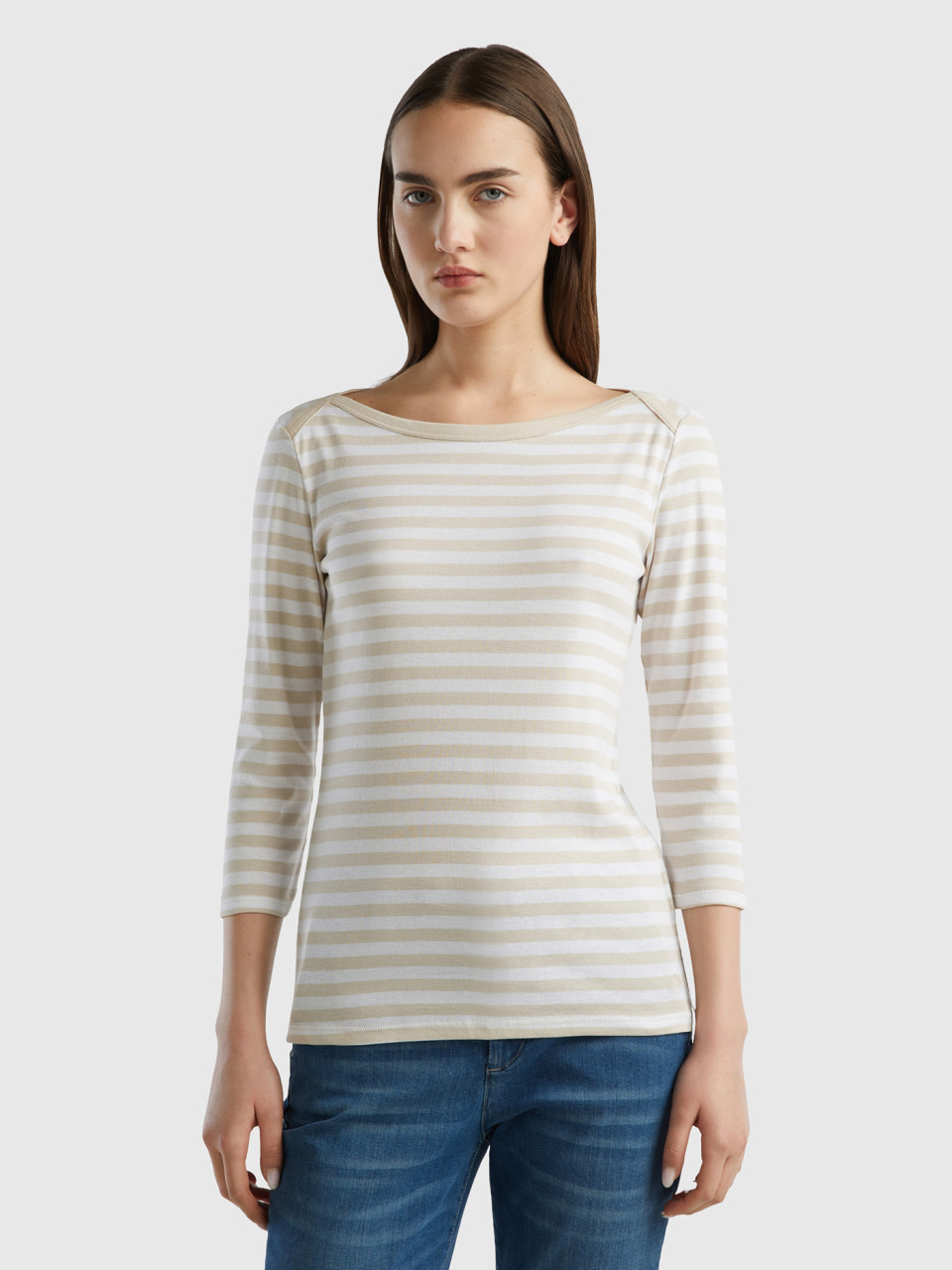 Benetton, Striped 3/4 Sleeve T-shirt In 100% Cotton, Beige, Women
