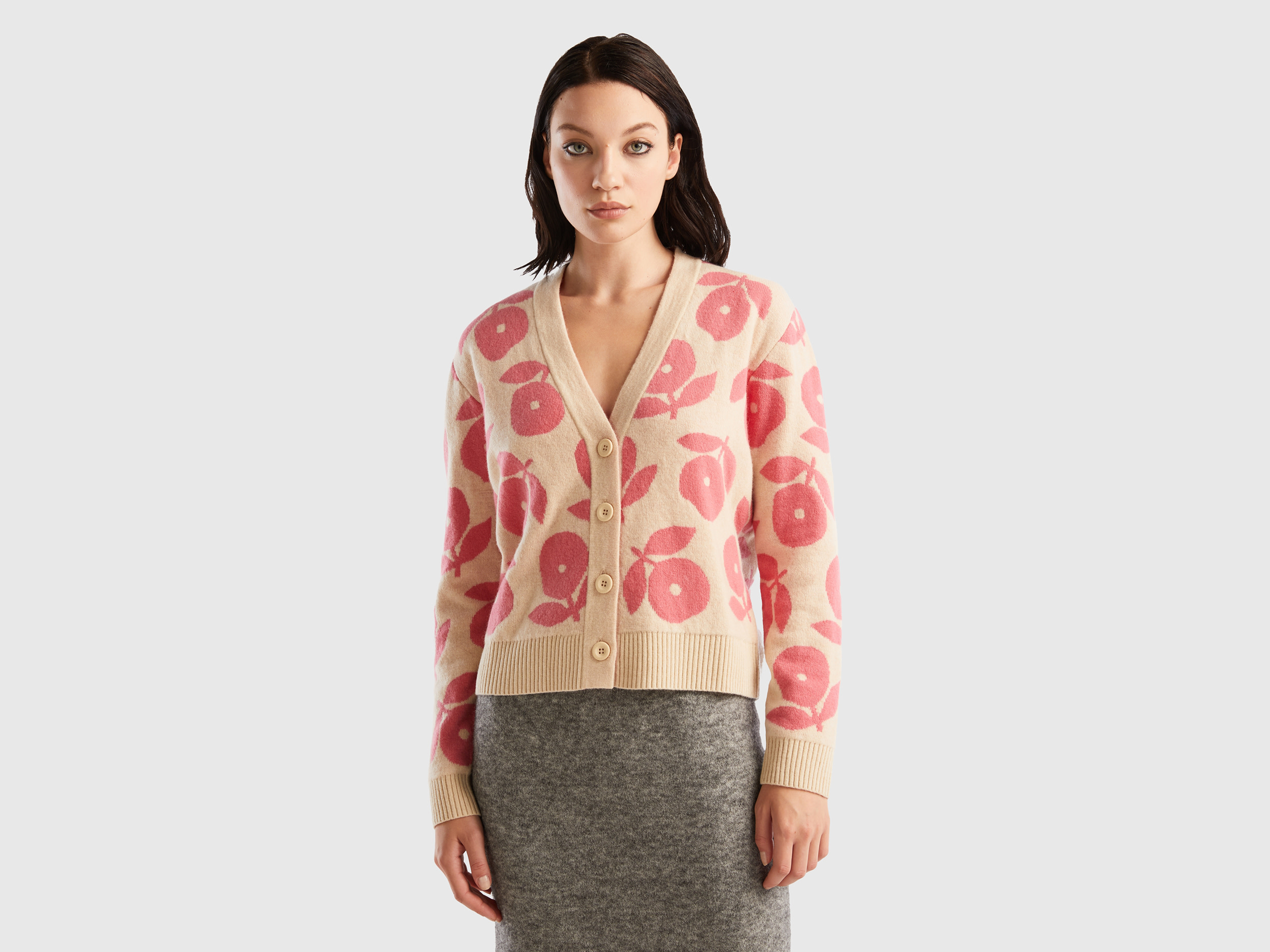 Benetton, Cardigan With Floral Inlays, size M, Beige, Women