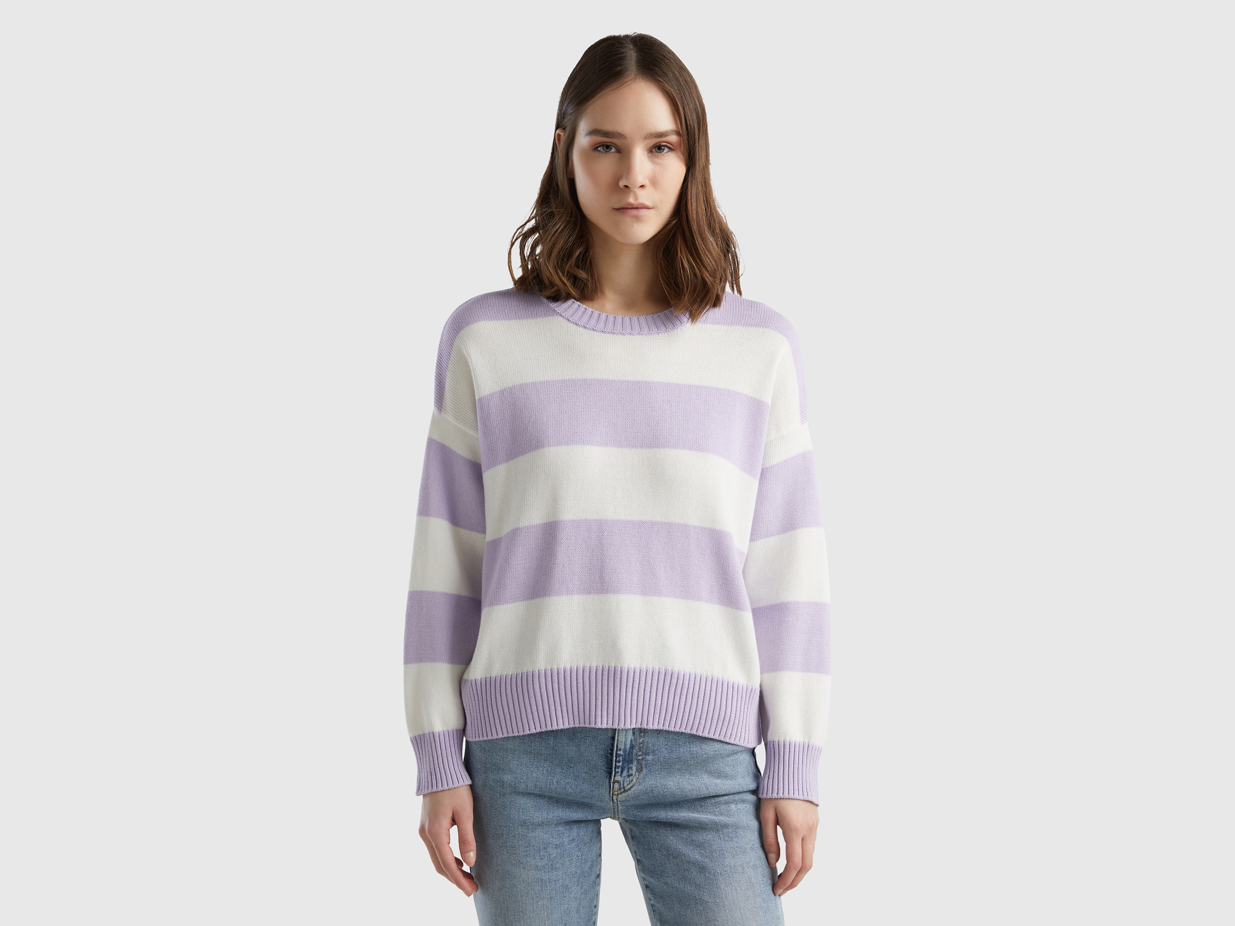 Benetton, Maglia A Righe In Cotone Tricot, Lilla, Donna