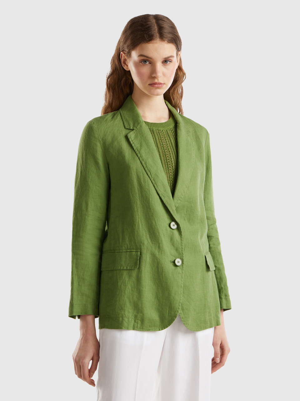 Benetton, Blazer In Pure Linen, Military Green, Women