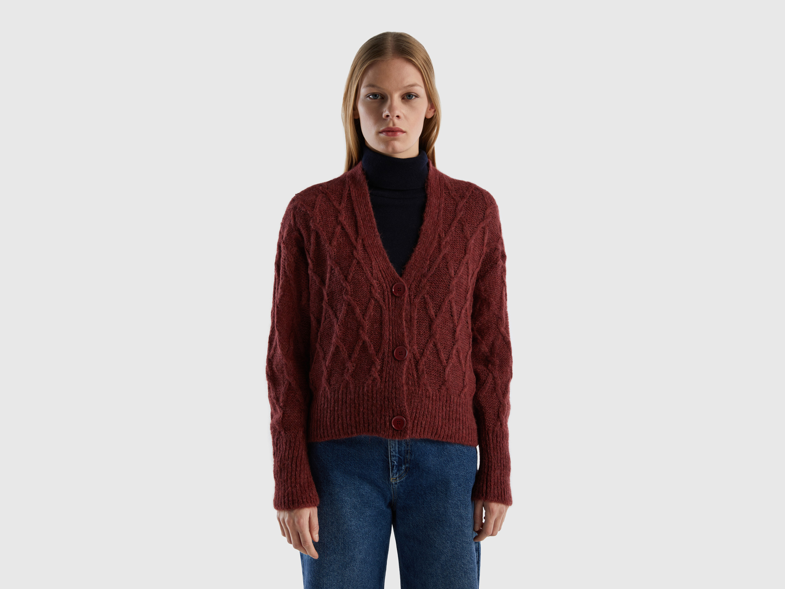 Benetton, Cardigan Scollo A V Effetto Pizzo, Bordeaux, Donna Benetton, Cardigan Scollo A V Effetto Pizzo, Bordeaux, Donna