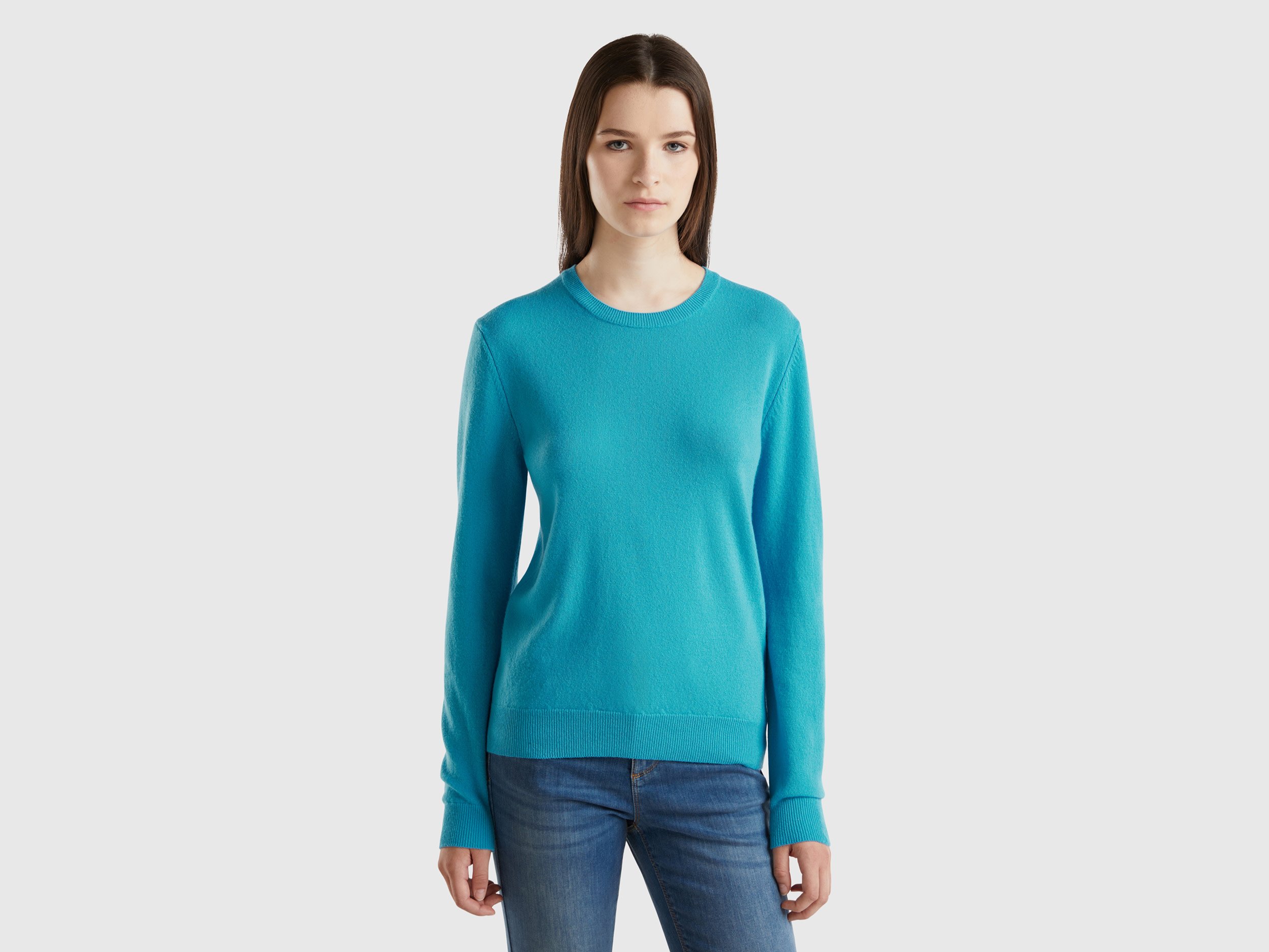 Benetton, Maglia Girocollo Azzurro In Pura Lana Merino, Azzurro, Donna