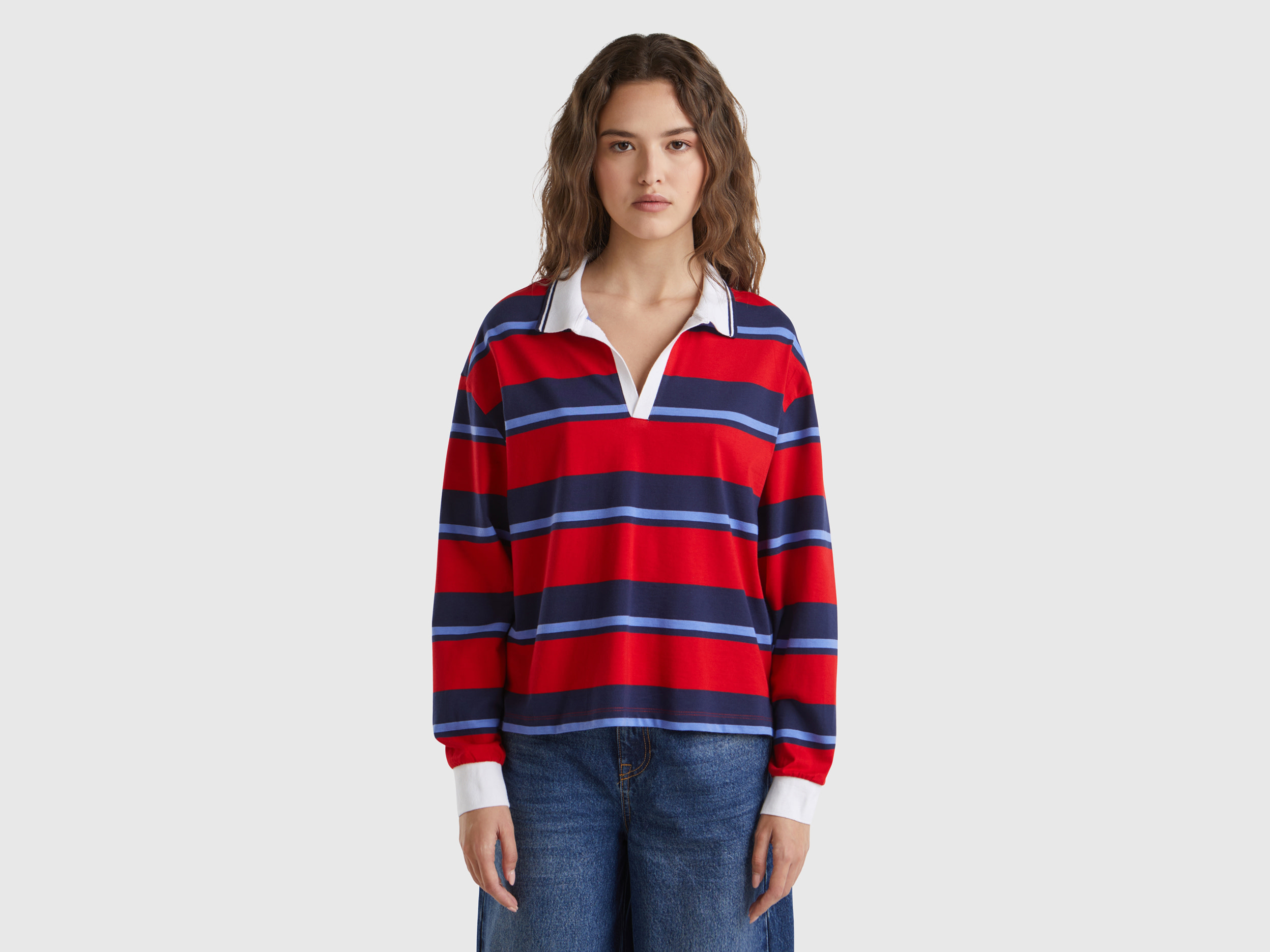 Benetton, Polo A Righe In Puro Cotone, Multicolore, Donna