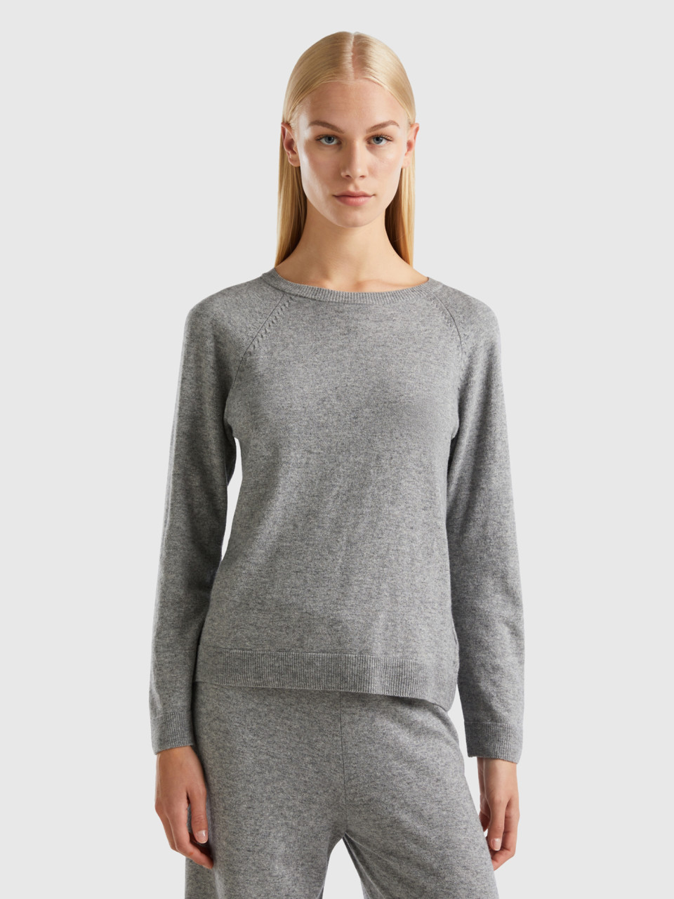 Benetton, Gray Crew Neck Sweater In Cashmere And Wool Blend, Light Gray, Women