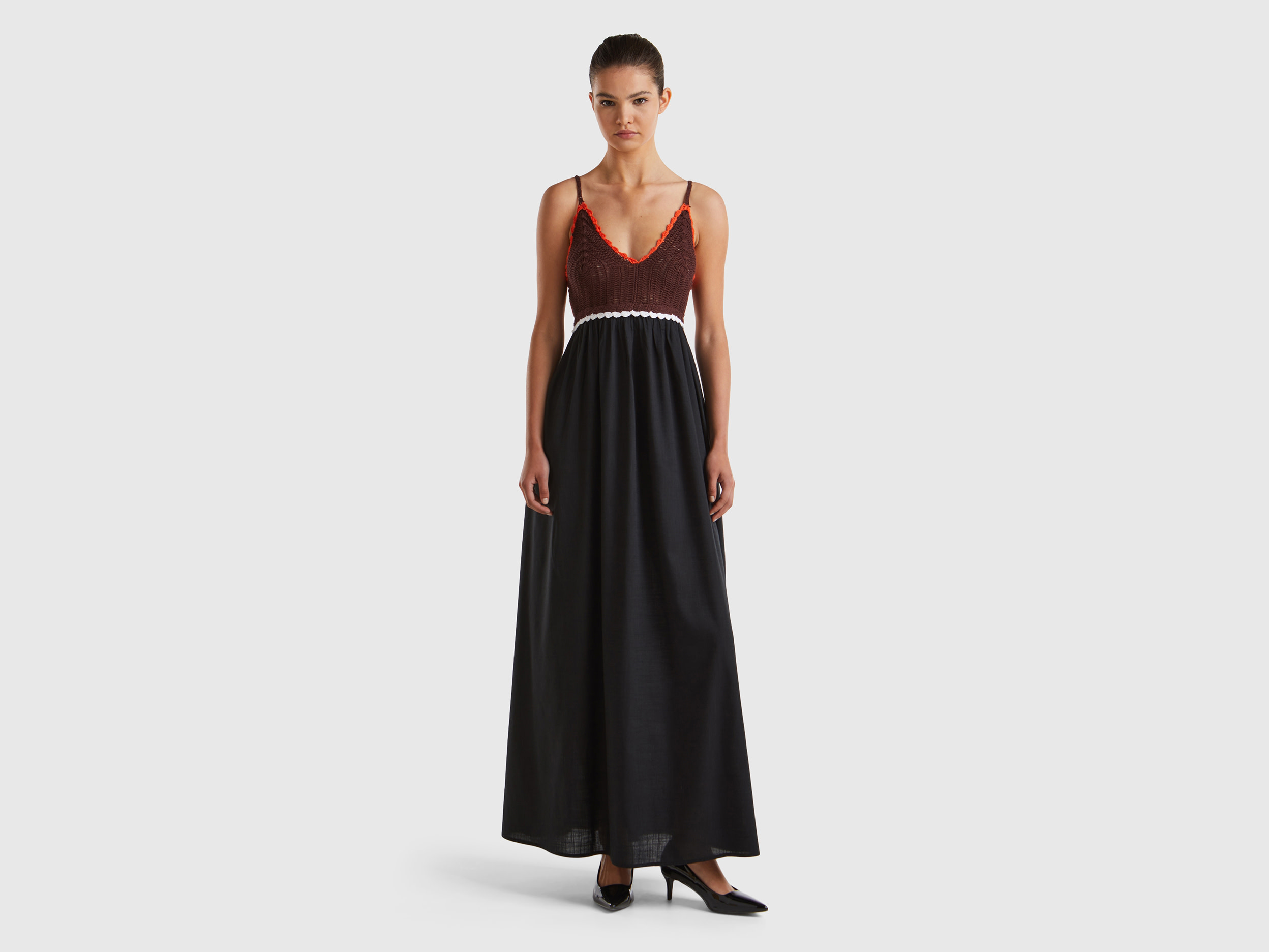 Benetton, Abito Con Top Crochet, Nero, Donna