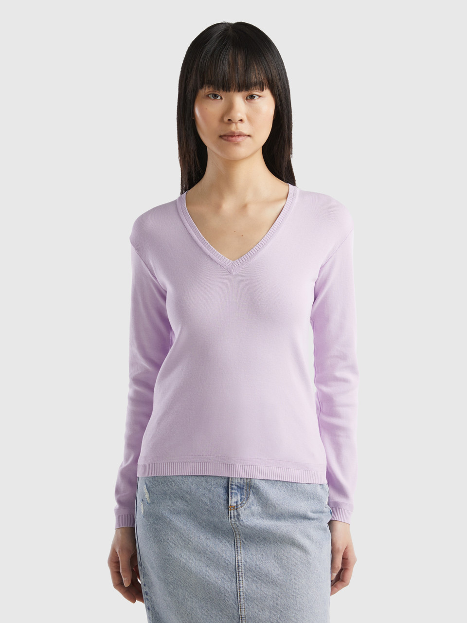 Benetton, V-neck Sweater In Pure Cotton, Lilac, Women