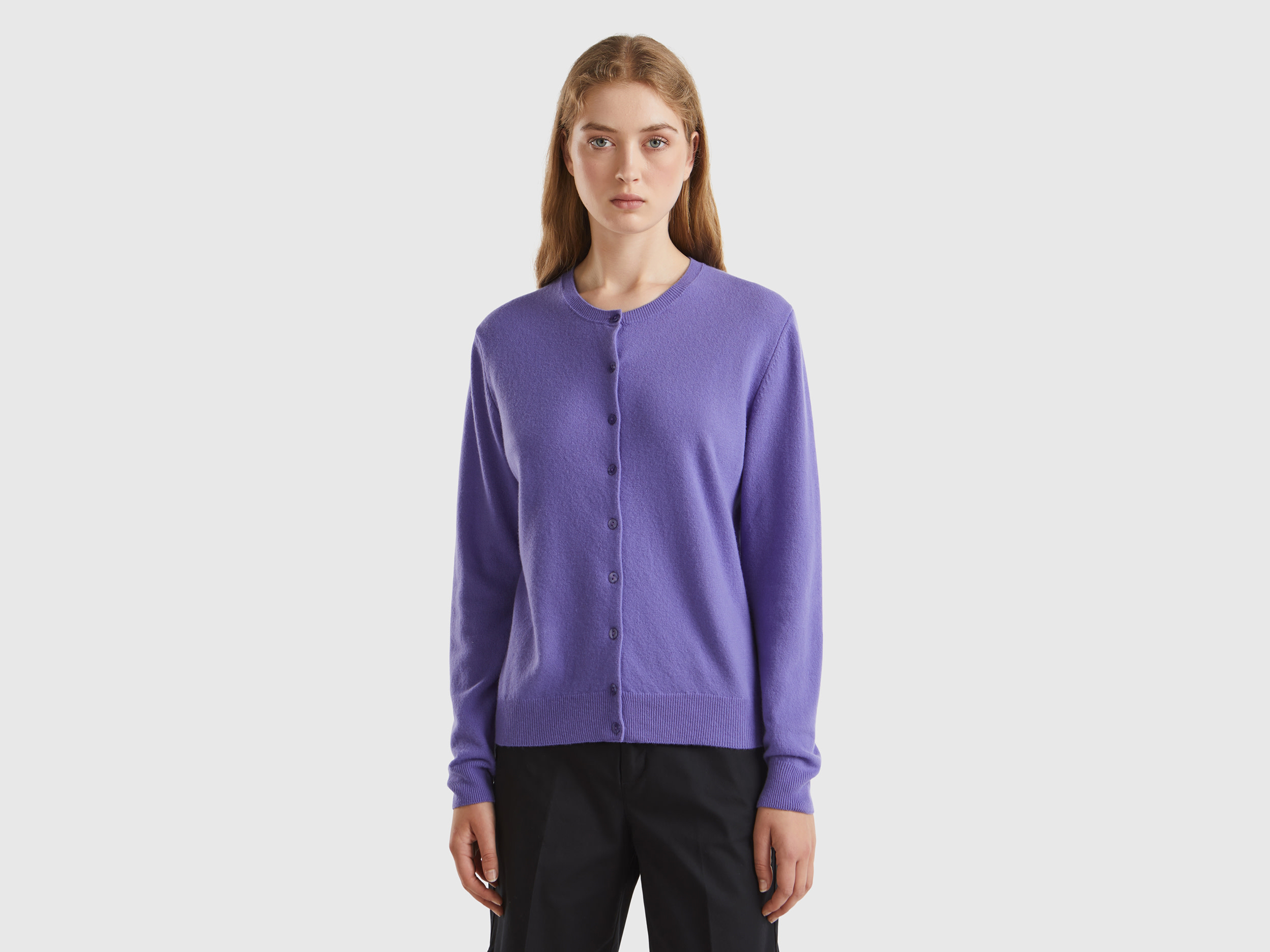 Benetton, Cardigan Girocollo Viola In Pura Lana Merino, , Donna