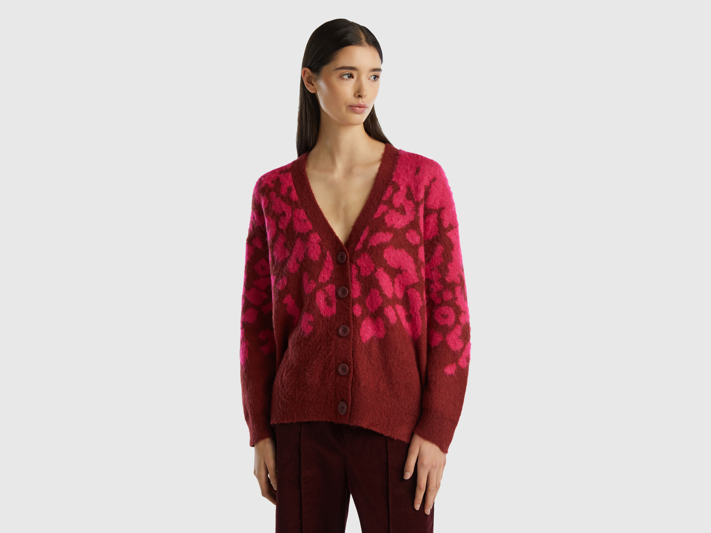 Benetton, Animal Print Cardigan In Mohair Blend, size M, Red, Women